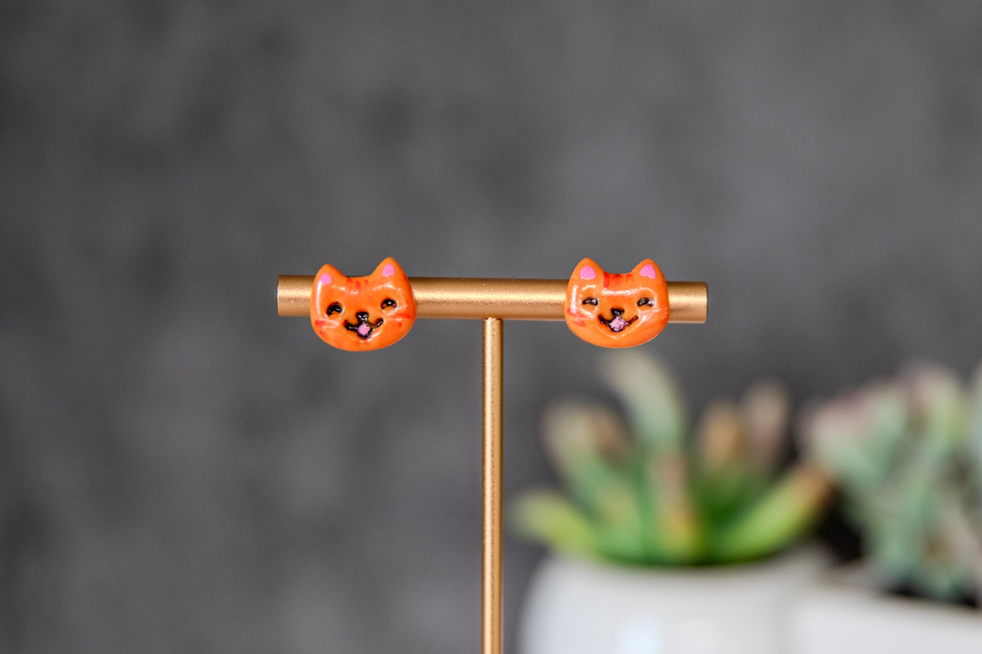 Happy orange tabby cat face stud earrings