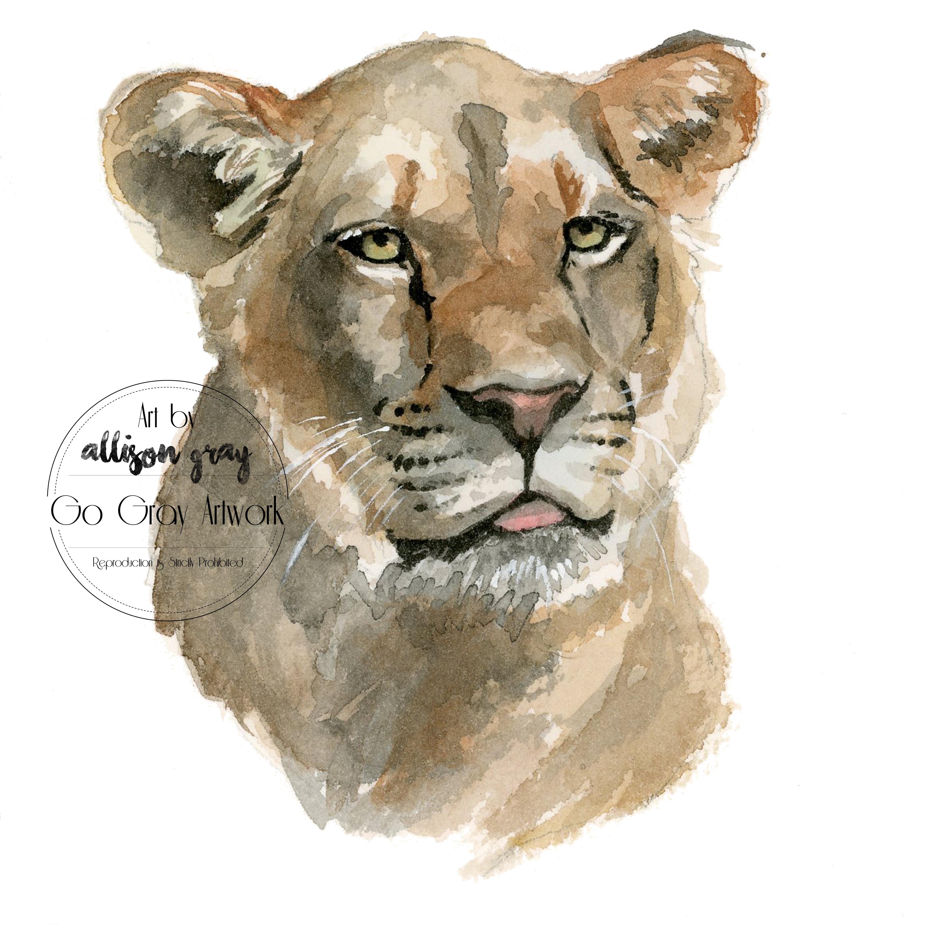 Watercolor painting of a lioness head