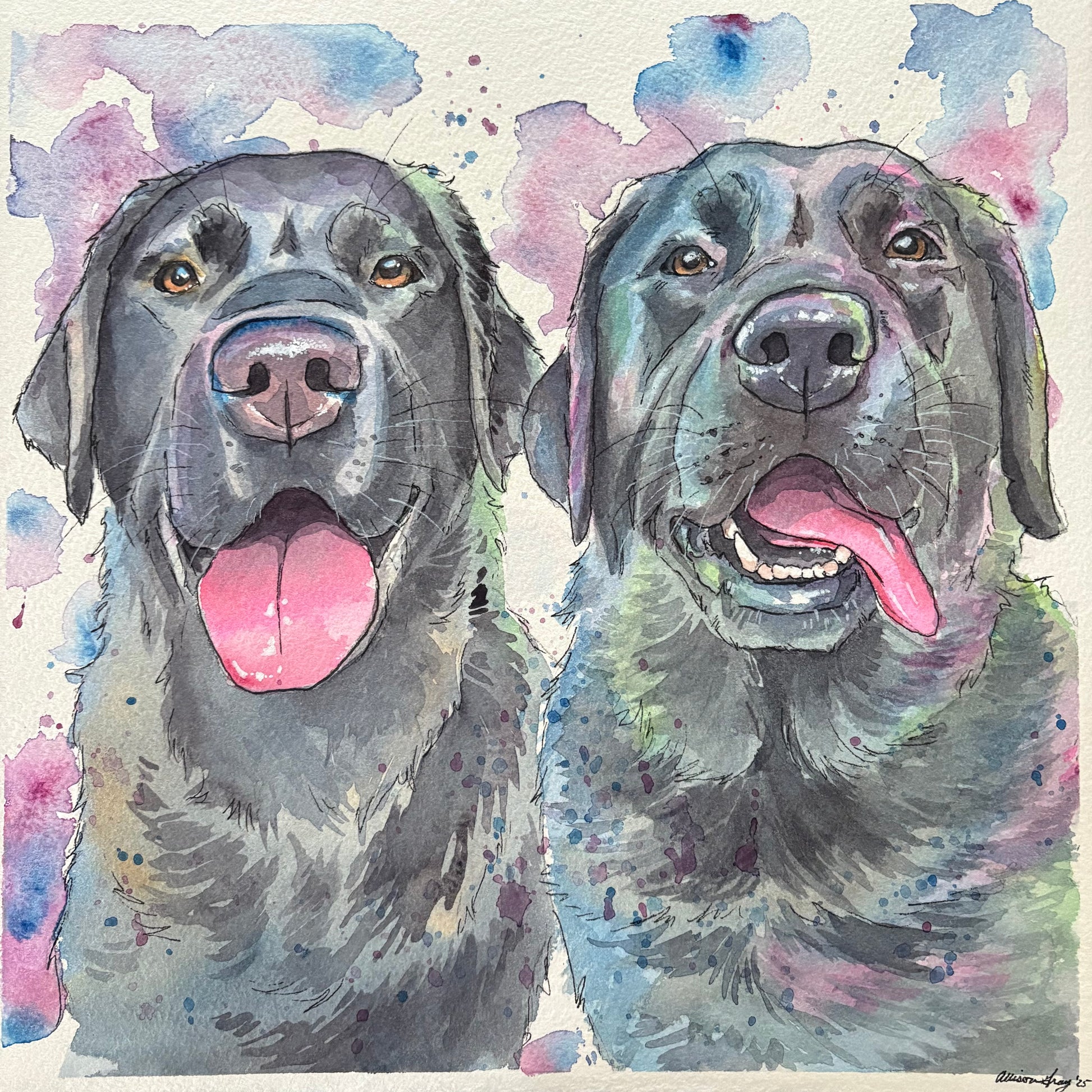 custom Watercolor painting of two dogs with a colorful abstract background