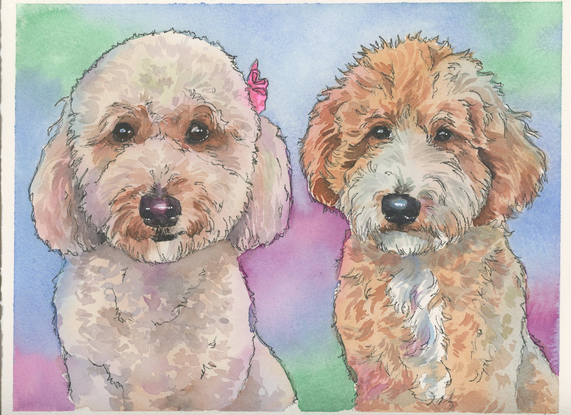 Custom pet portrait Two doodle dogs with a colorful watercolor background