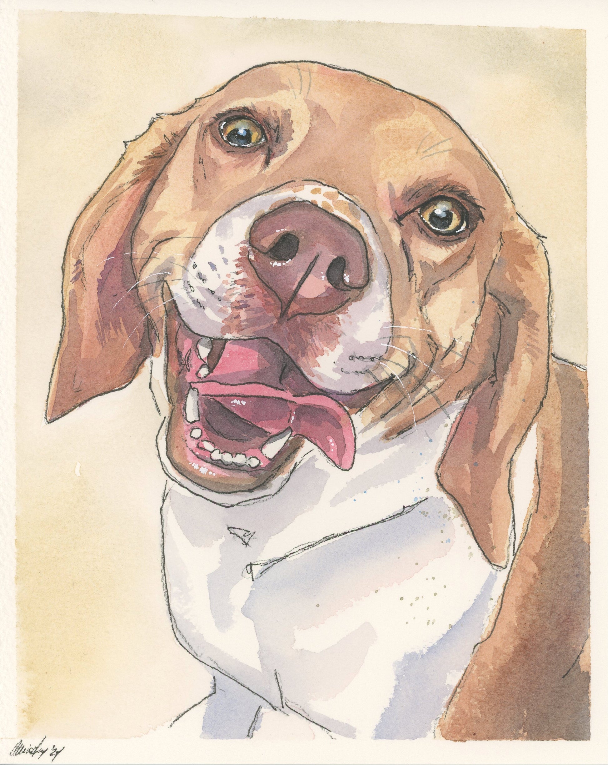 custom pet painting Artistic illustration of a dog with a light brown coat and white chest on a beige background.