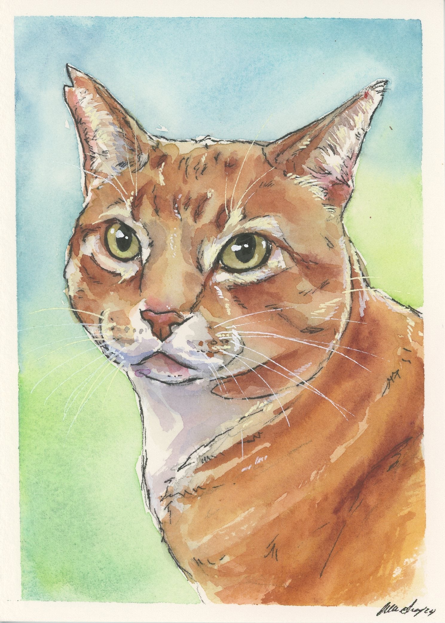 Custom pet portrait Artistic illustration of an orange tabby cat with green eyes on a watercolor background