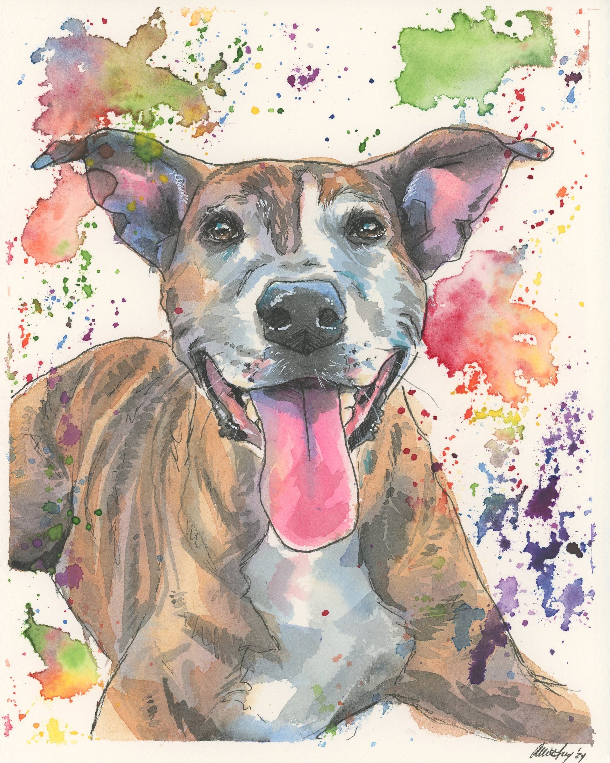 Custom pet portrait Colorful watercolor painting of a dog with a multicolored splatter background