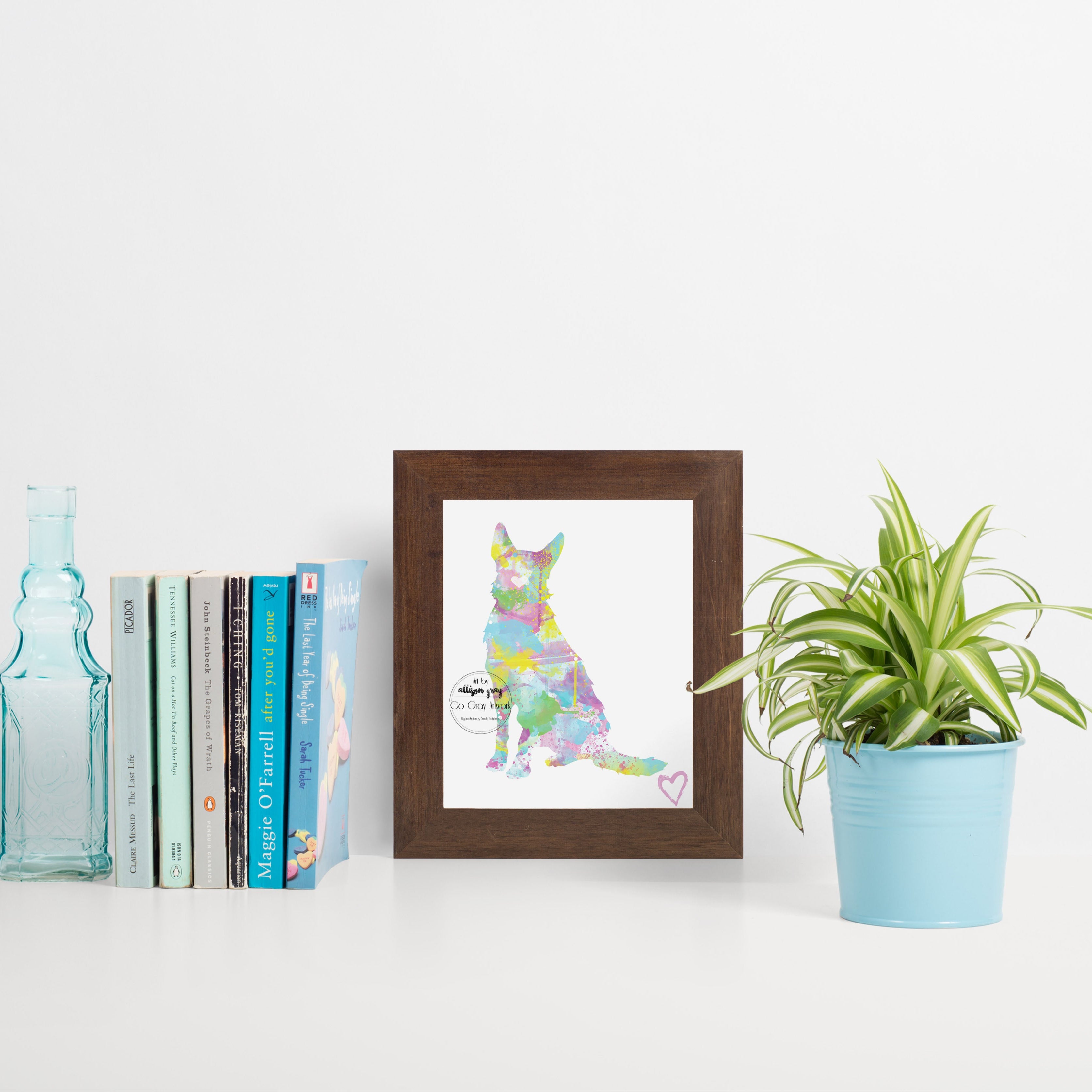 Framed artwork of colorful German Shepherd silhouette