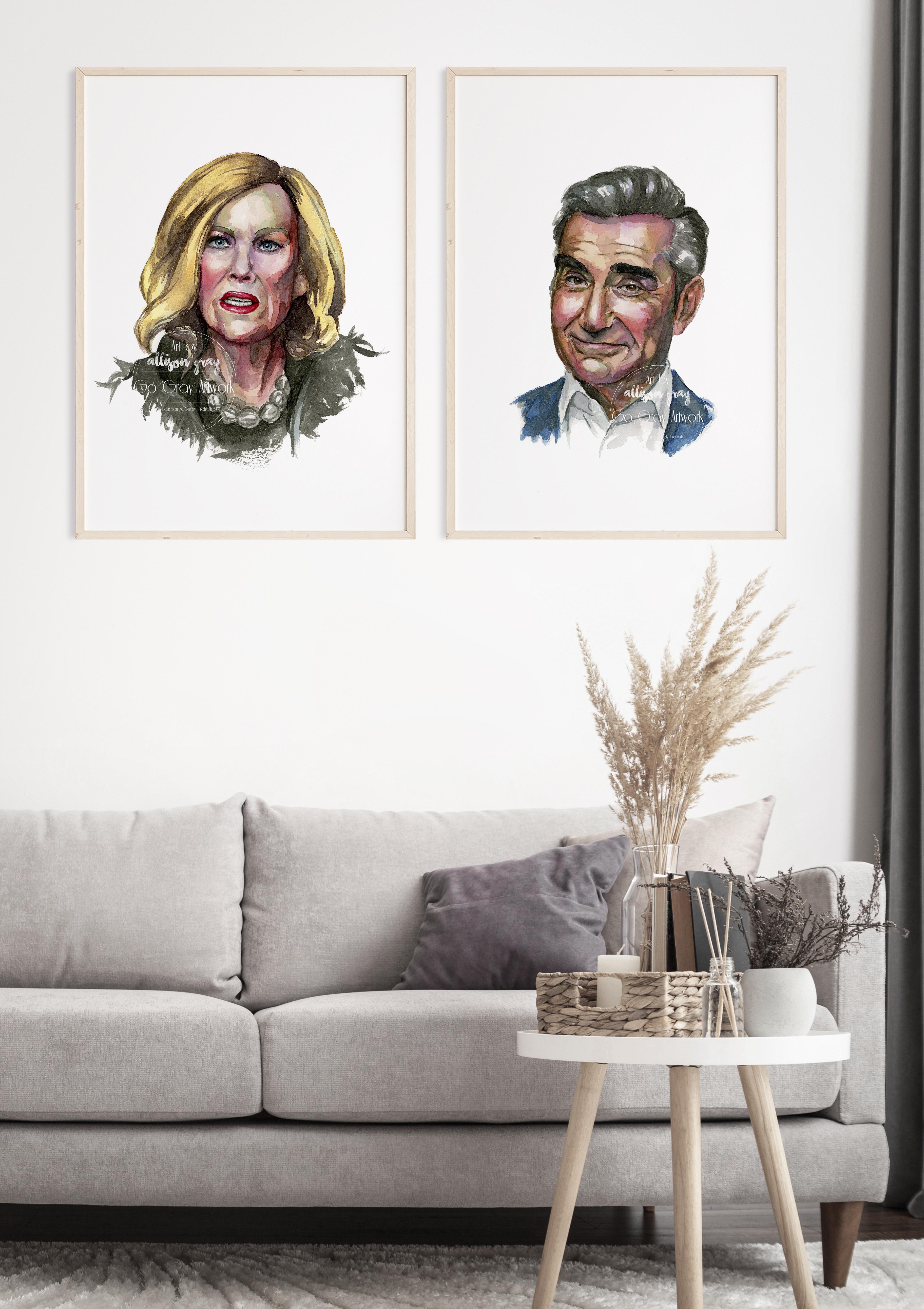 Original watercolor painting of characters Moira and Johnny Rose