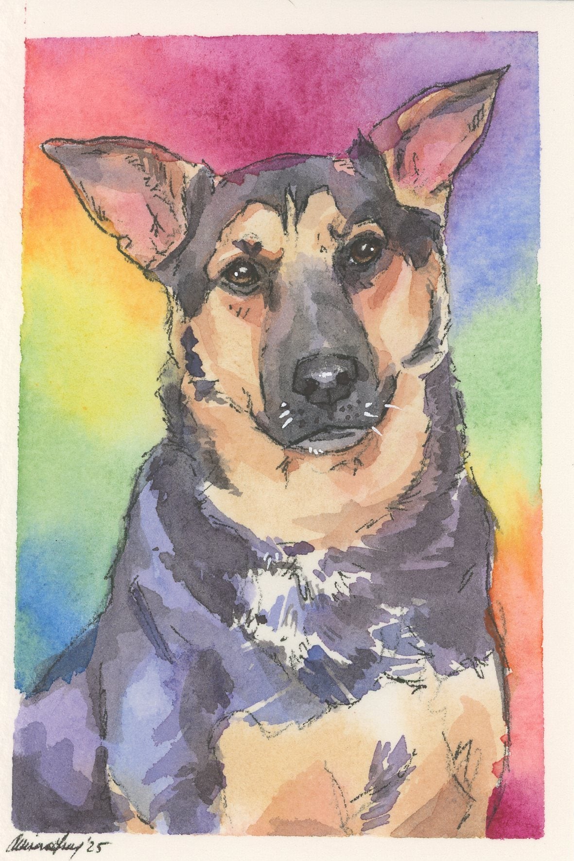 Custom memorial pet portrait Colorful watercolor painting of a dog with a rainbow background