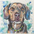 Colorful custom watercolor painting of a dog's face with abstract watercolor background