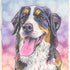 Colorful watercolor painting of a dog with a multicolored background
