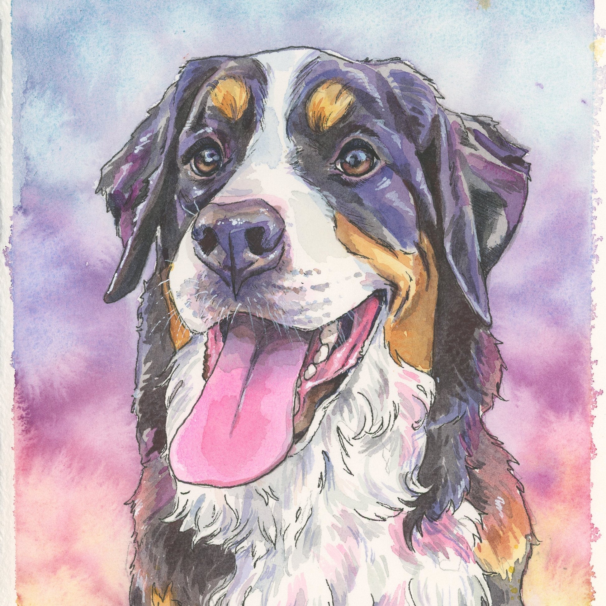 Colorful watercolor painting of a dog with a multicolored background