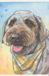 Custom Watercolor painting of a dog wearing a plaid bandana with a colorful background