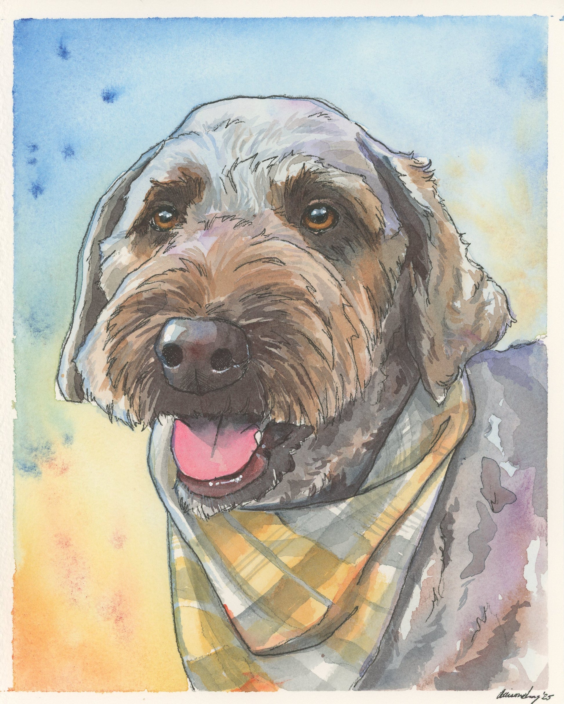 Custom Watercolor painting of a dog wearing a plaid bandana with a colorful background