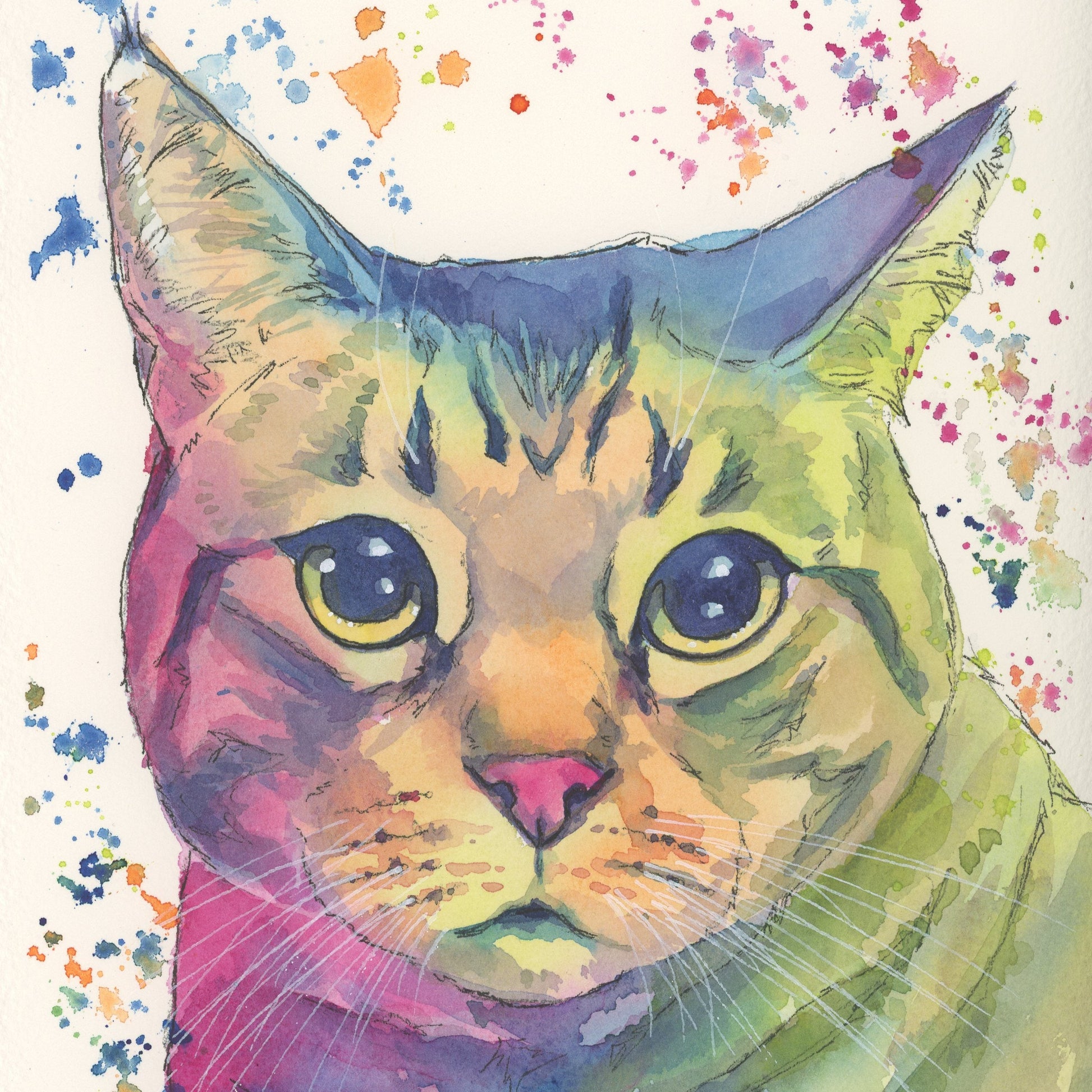 Colorful watercolor painting of a cat with abstract background