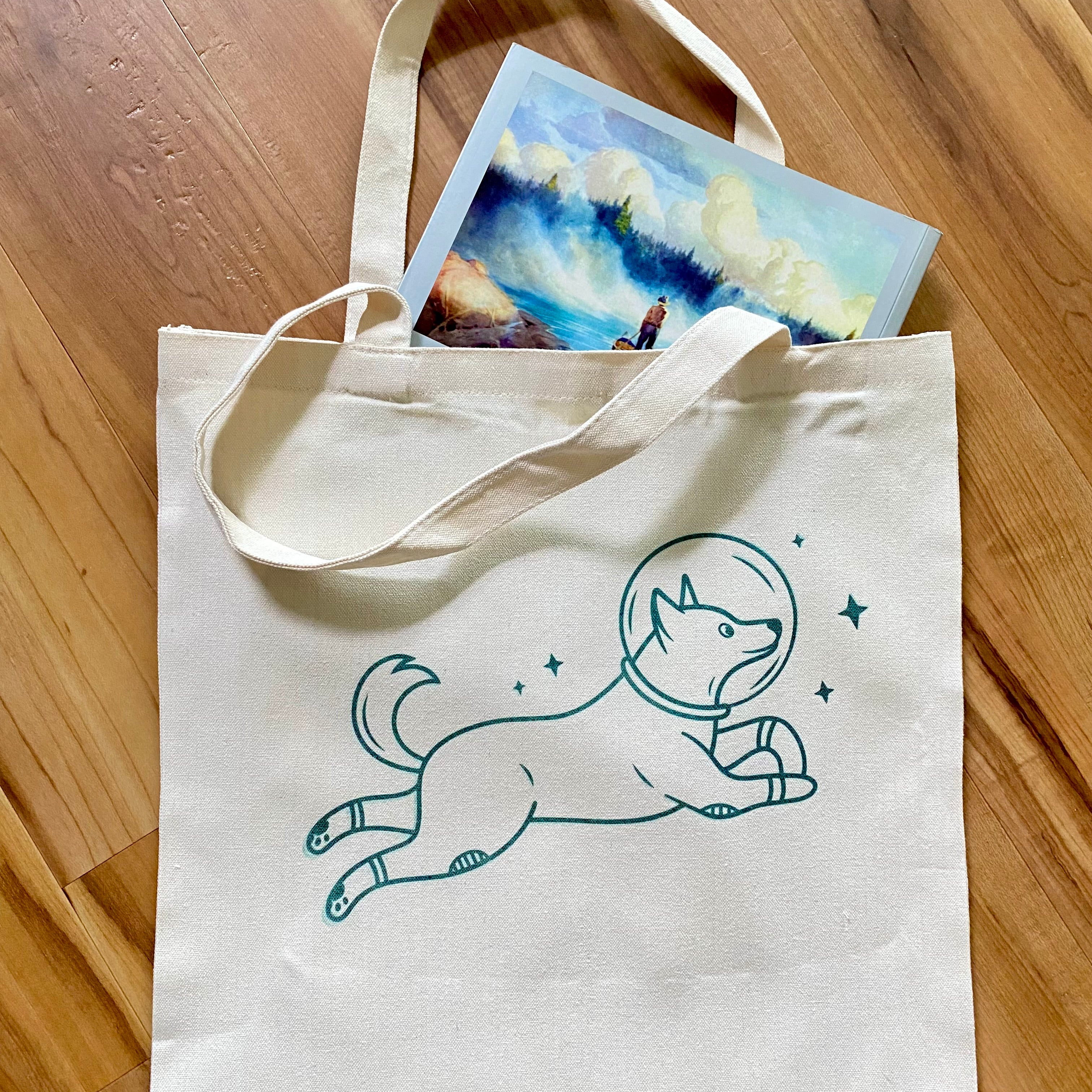 Tote bag with a space dog design