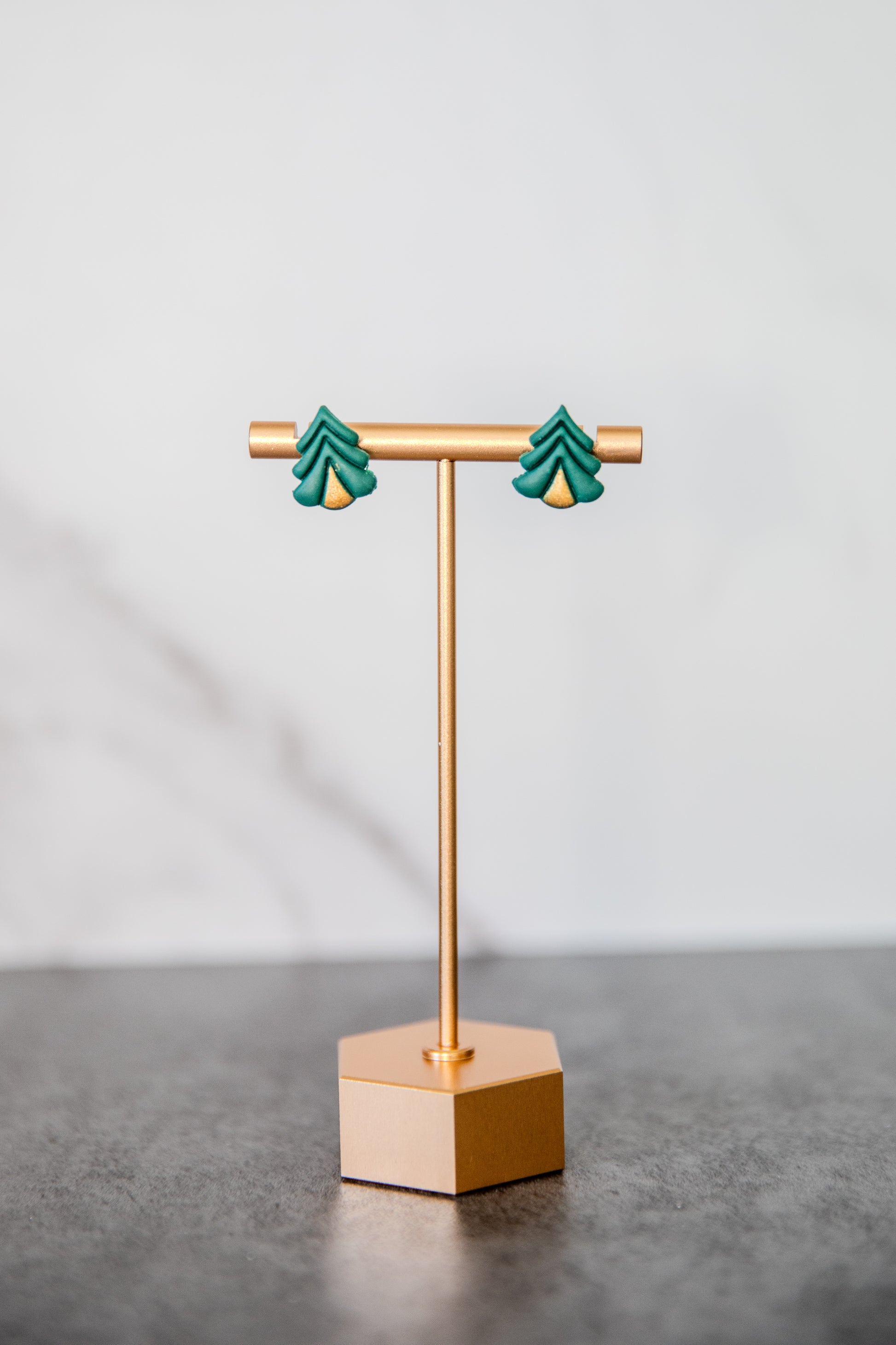 Green Christmas tree with gold trunk winter holiday stud earrings
