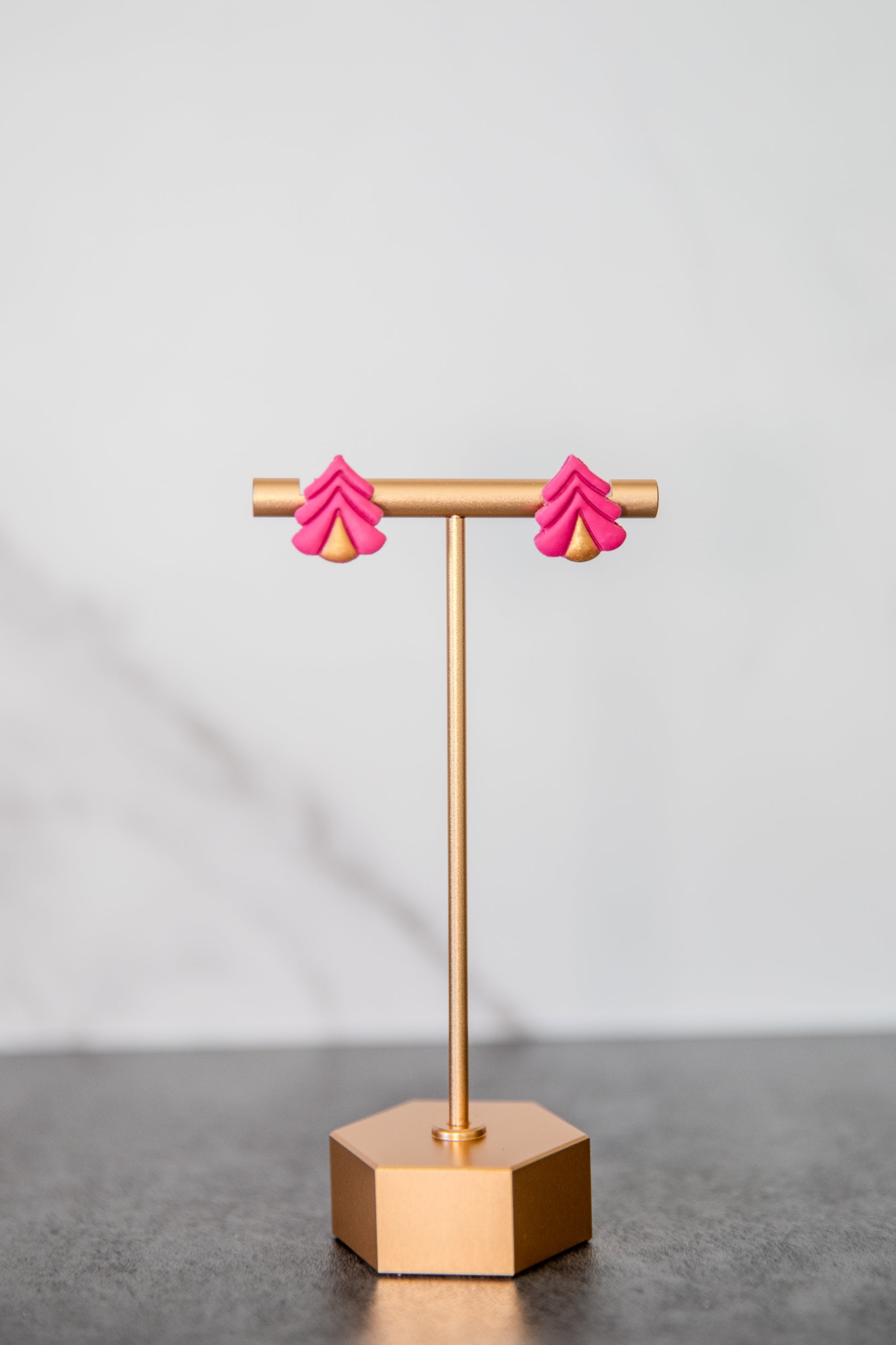 Pink with gold trunk Christmas tree winter holiday stud earrings