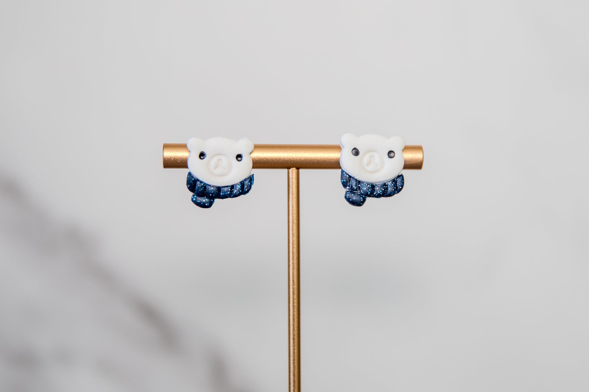 Polar bears wearing a scarf polymer clay Christmas stud earrings