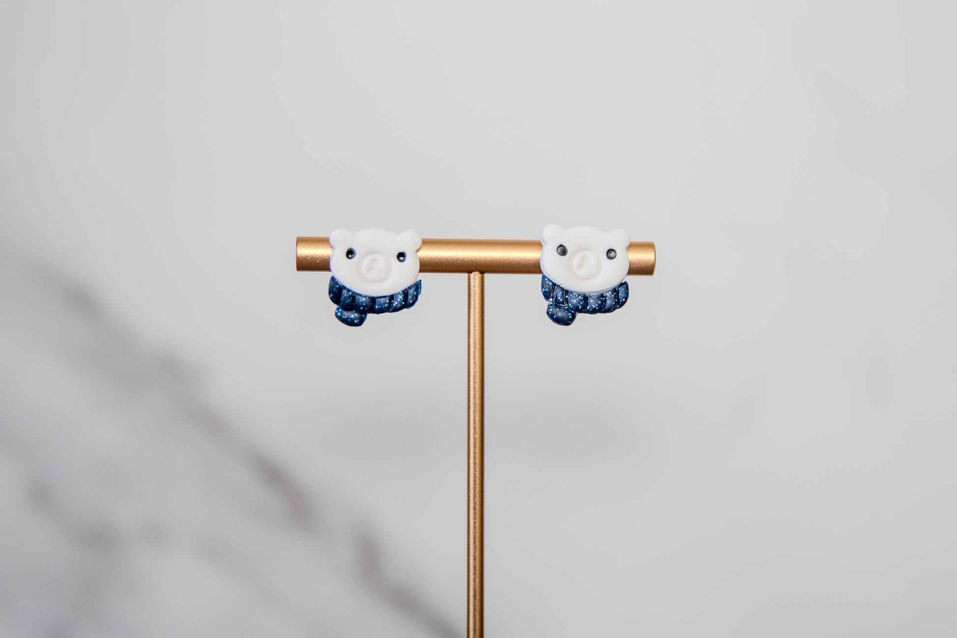 Polar bears wearing a scarf polymer clay Christmas stud earrings