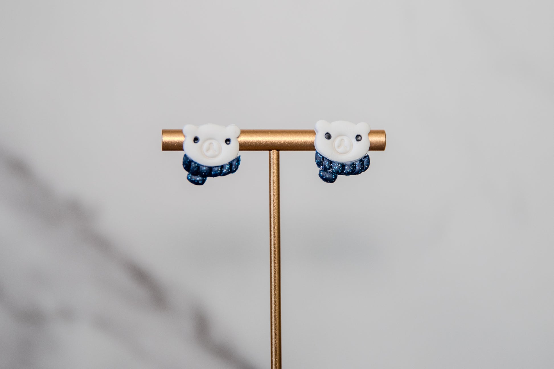 Polar bears wearing a scarf polymer clay Christmas stud earrings
