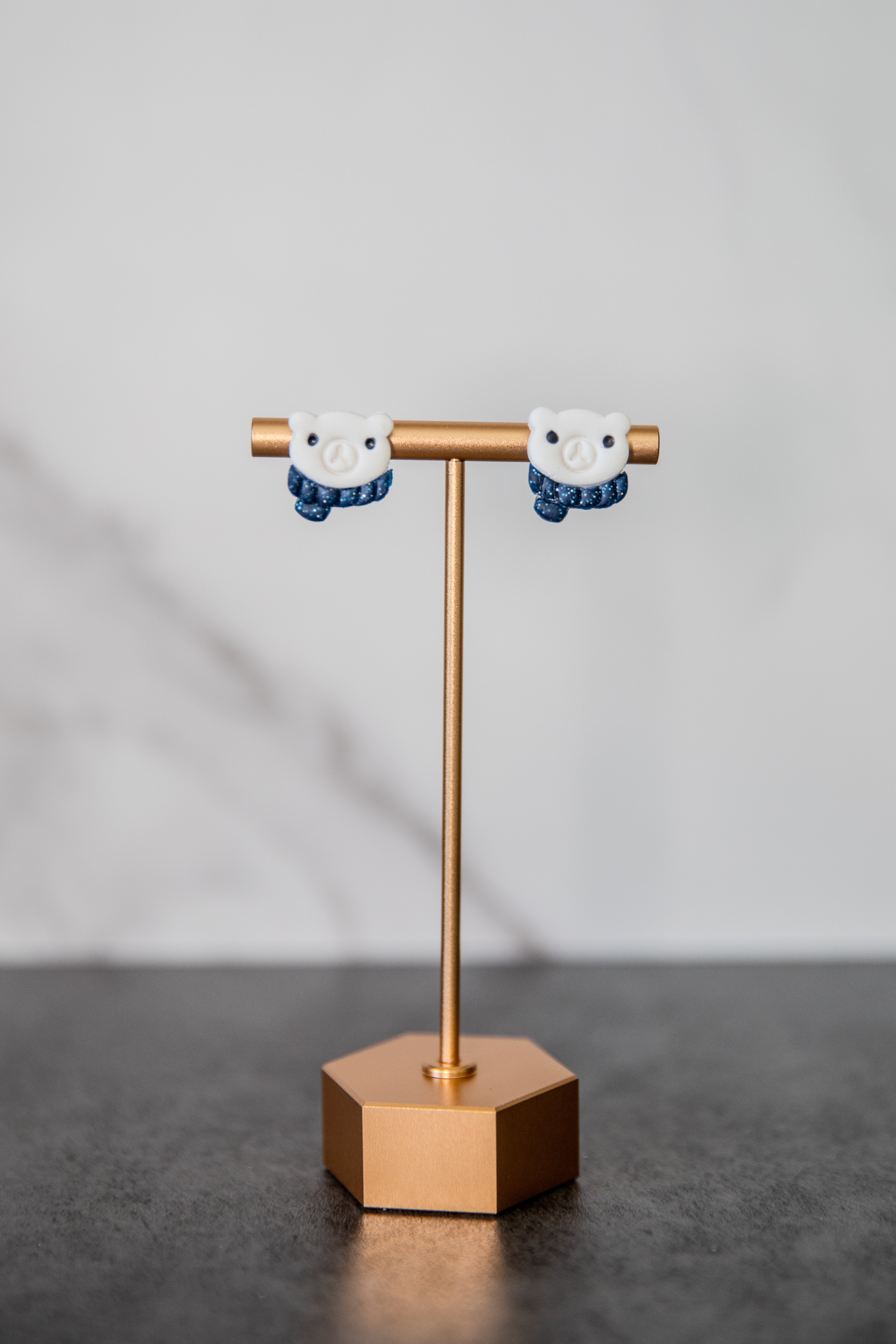 Polar bears wearing a scarf polymer clay Christmas stud earrings