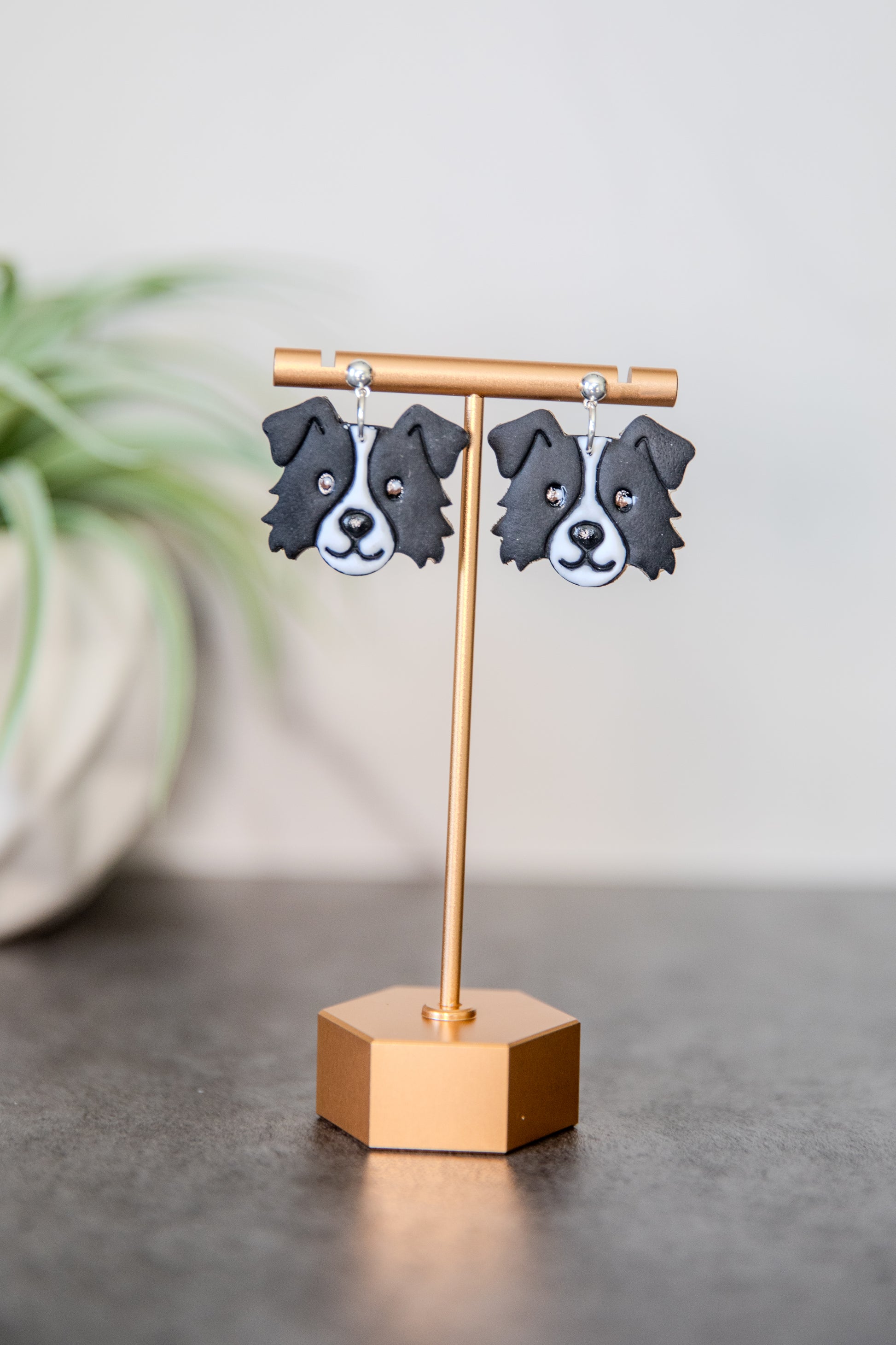 Border collie drop earrings