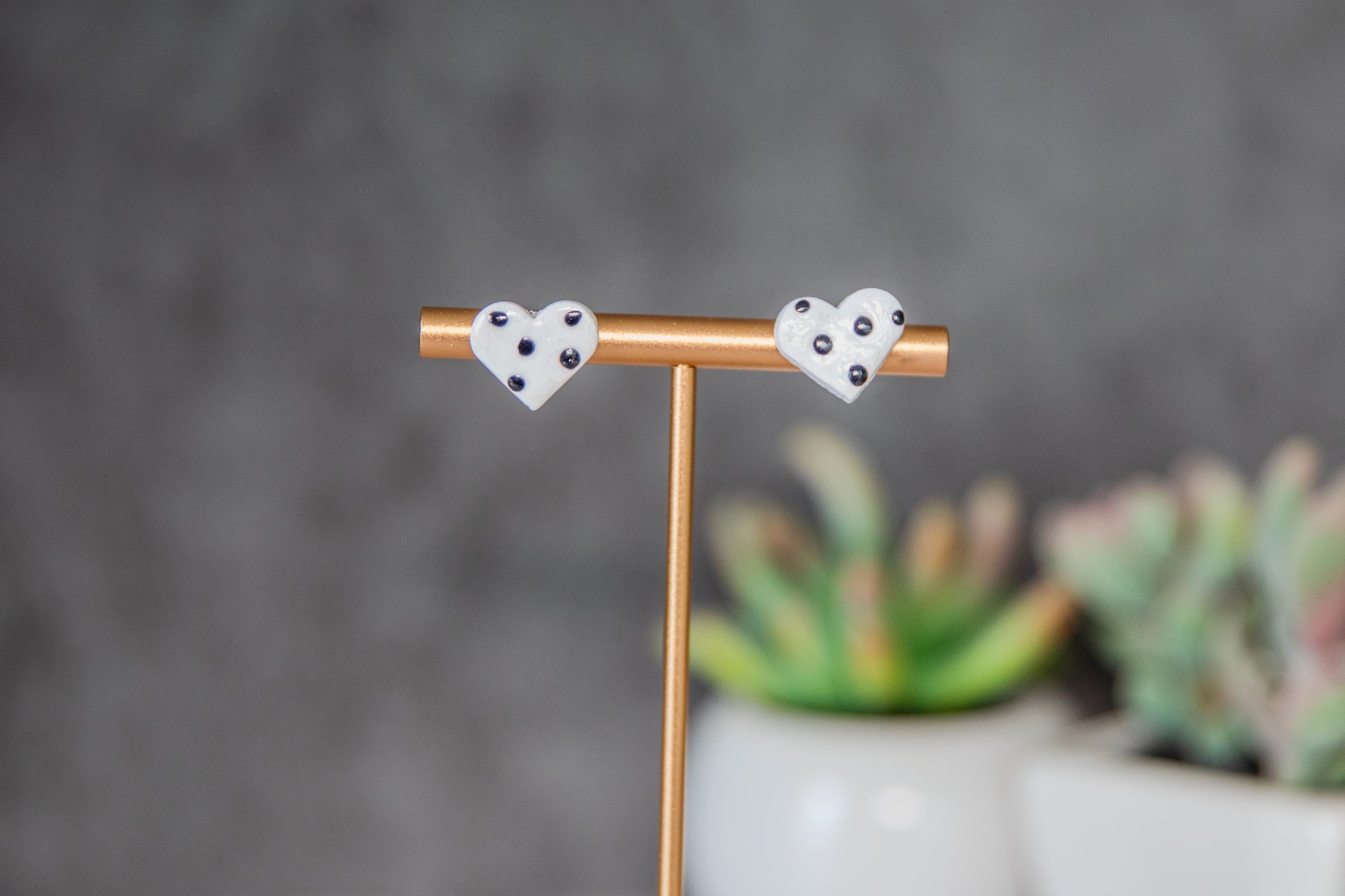 White with black polka dot heart polymer clay stud earrings