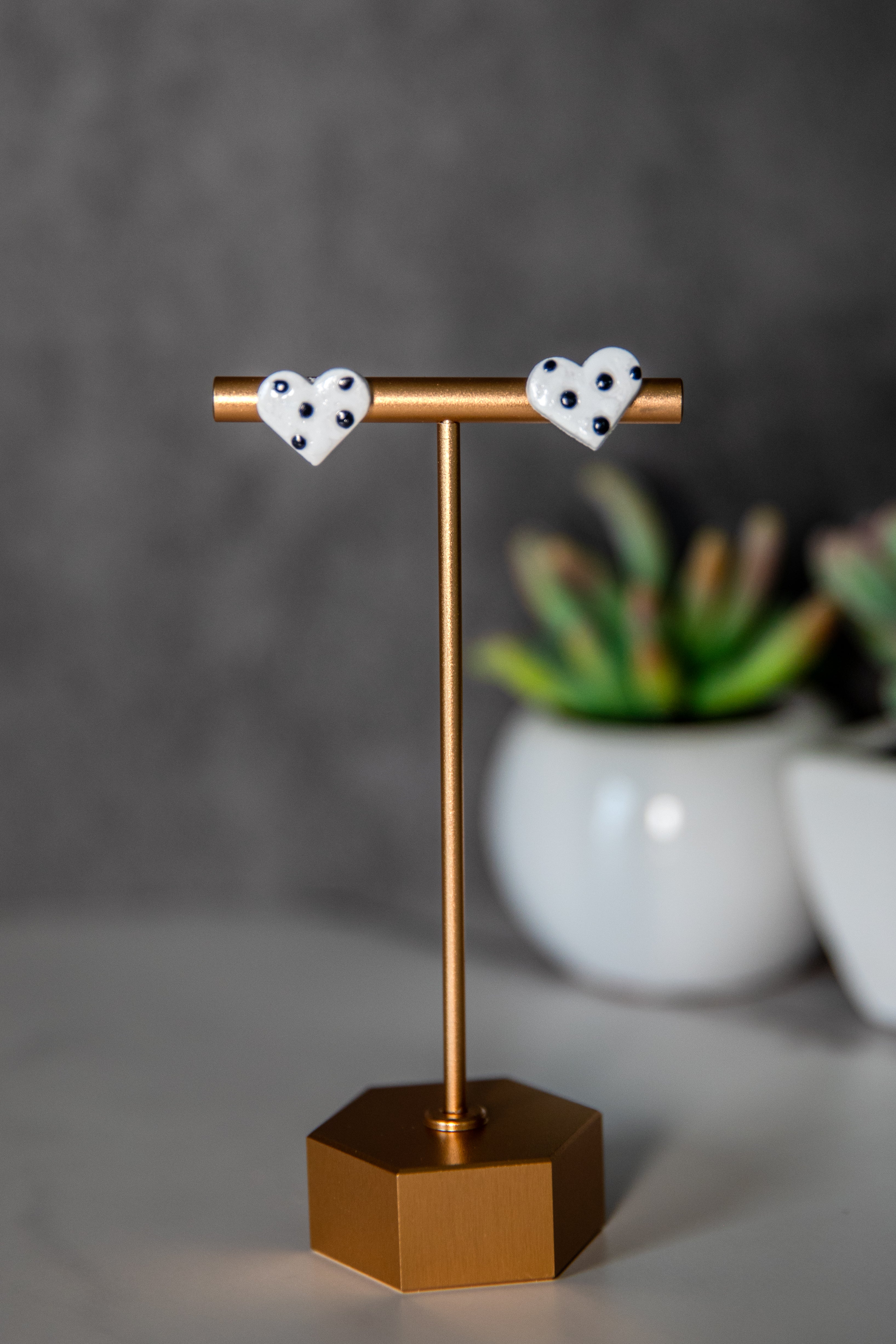 White with black polka dot heart polymer clay stud earrings