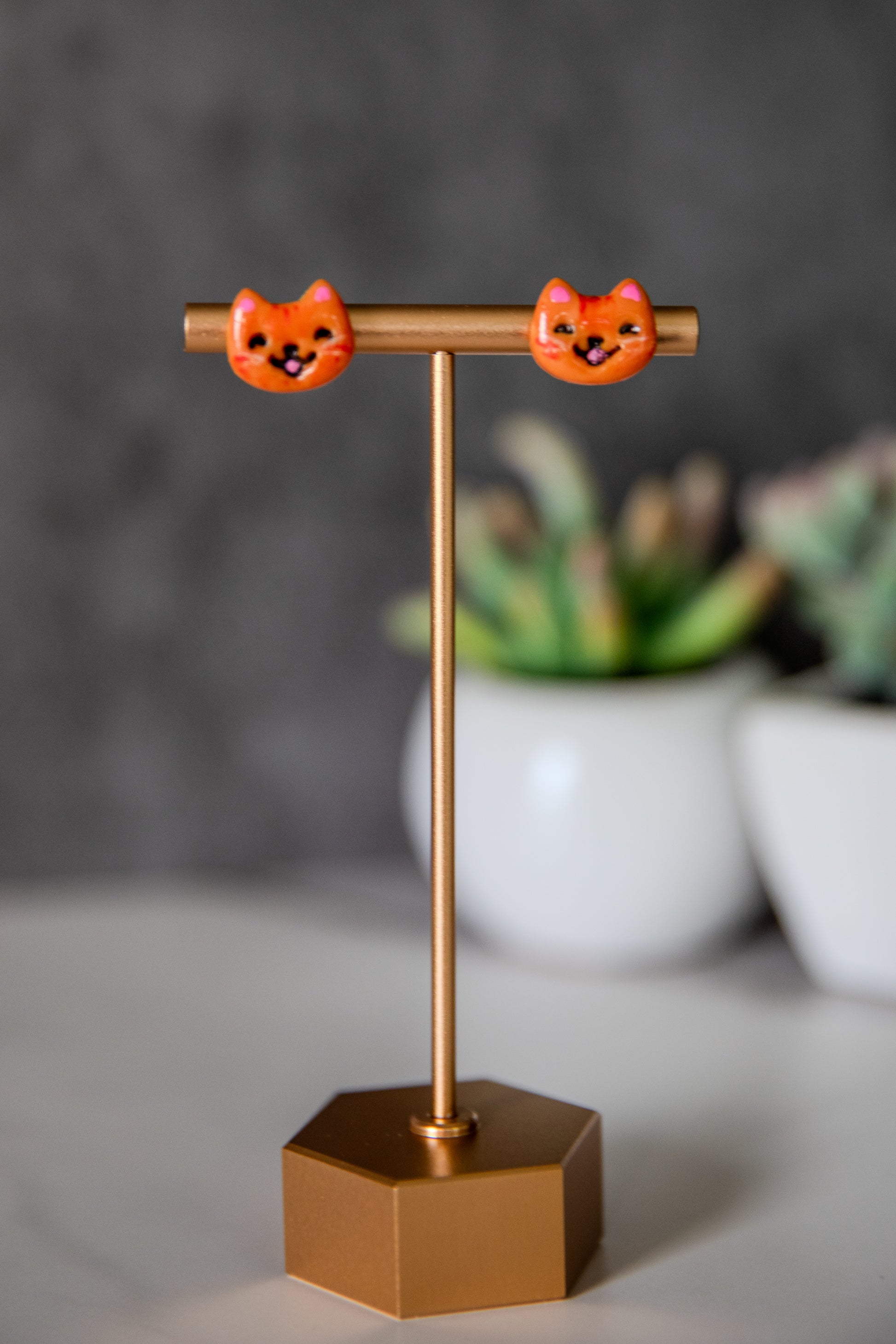 Happy orange tabby cat face stud earrings
