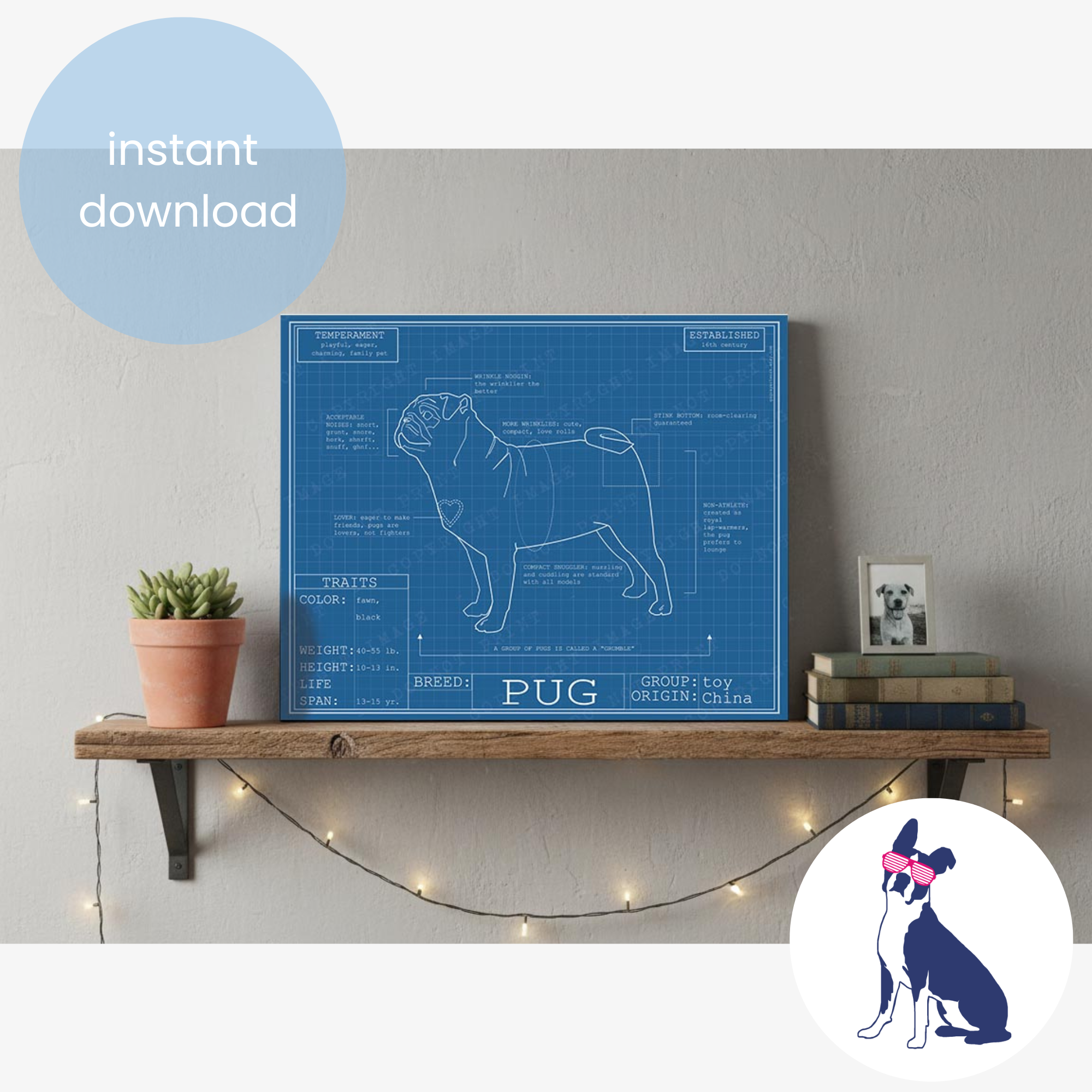 Downloadable pug dog breed blueprint artwork