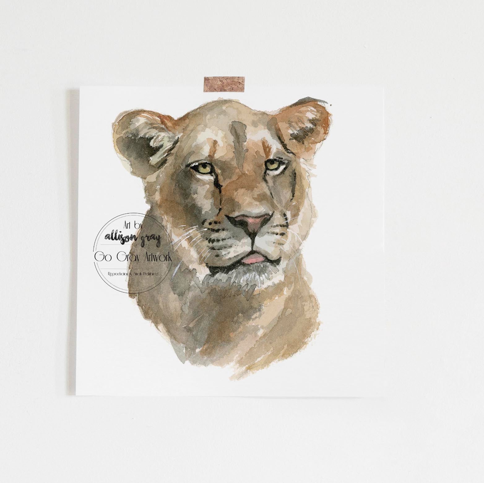 Original watercolor of a lioness head with a plain background