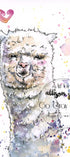 Watercolor illustration of a llama with colorful splashes