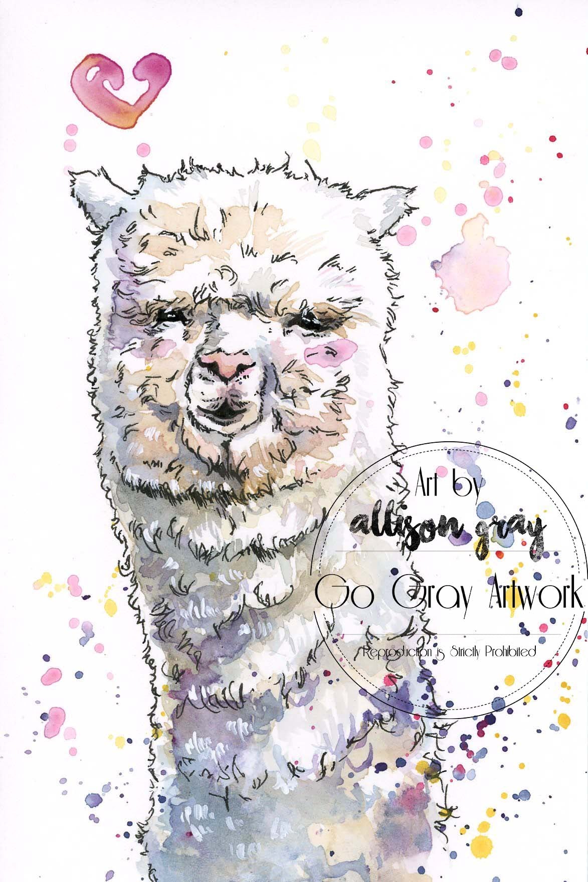 Watercolor illustration of a llama with colorful splashes
