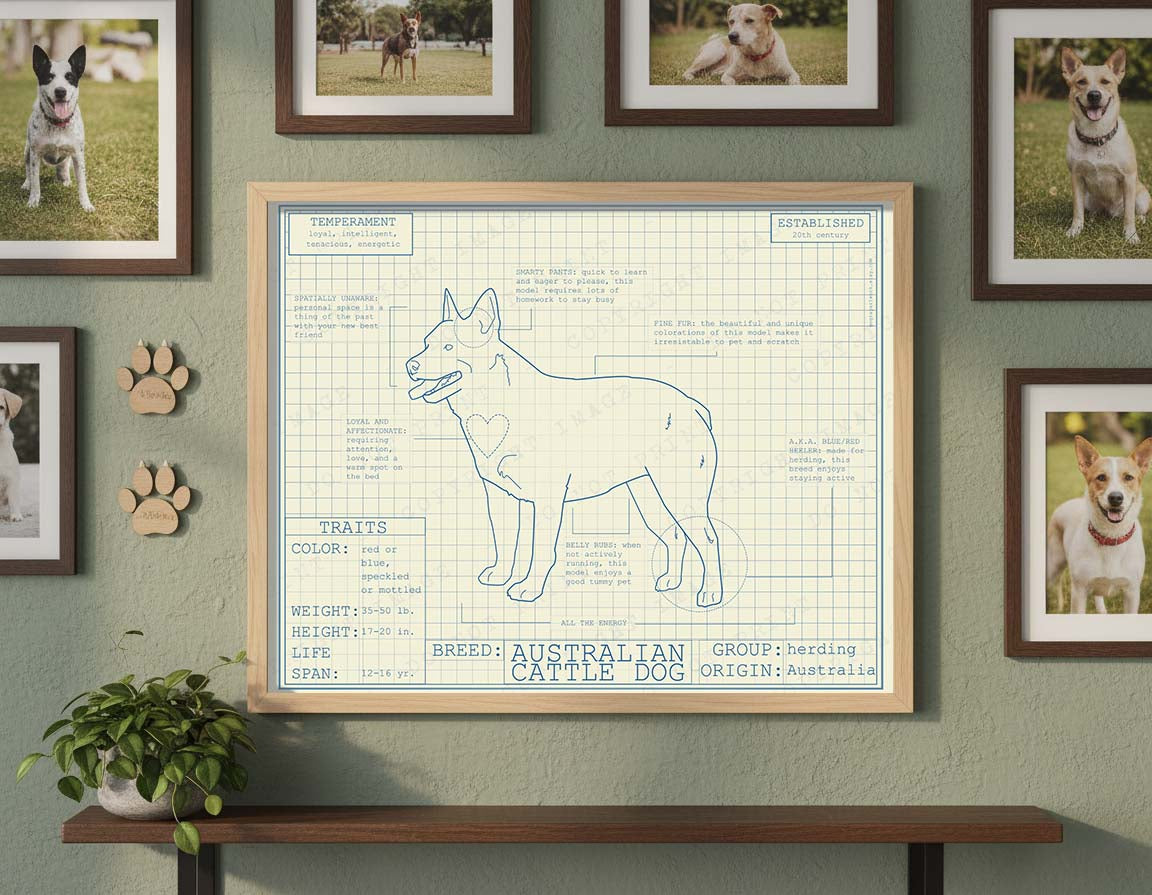 Downloadable Australian cattle dog breed blueprint artwork