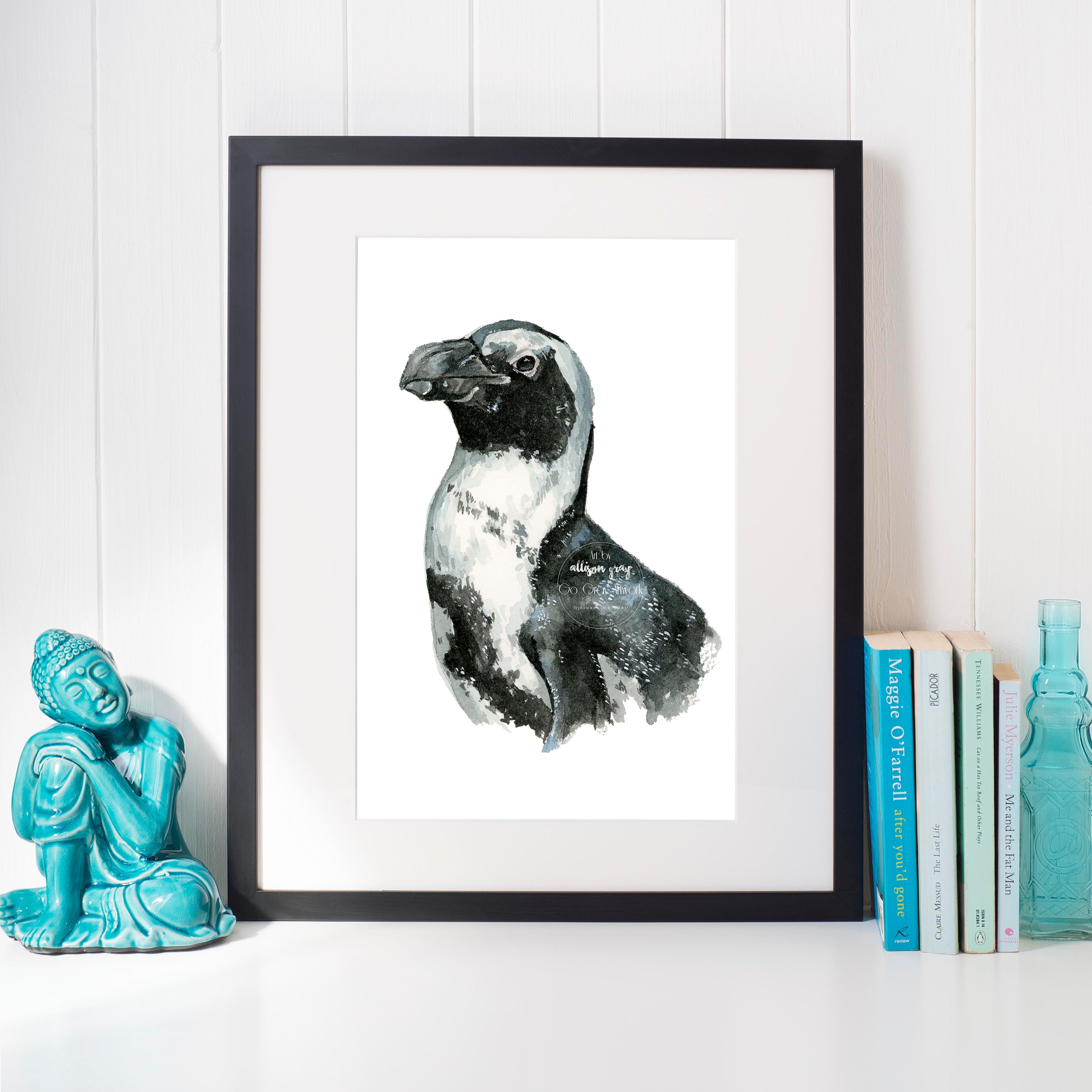 Painting of a black footed African penguin