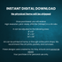 Informational text about an instant digital download with no physical items shipped, on a blue background.