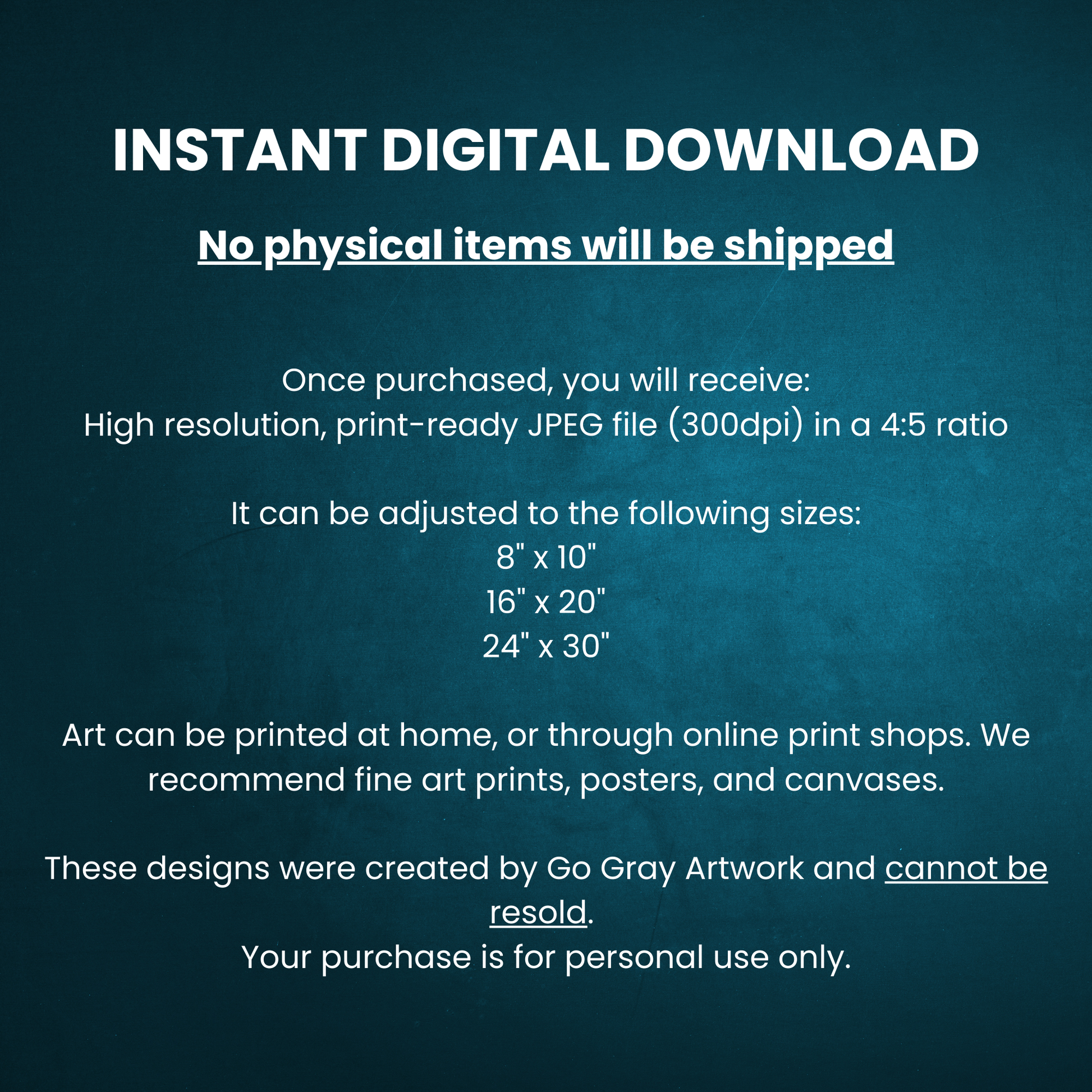 Informational text about an instant digital download with no physical items shipped, on a blue background.