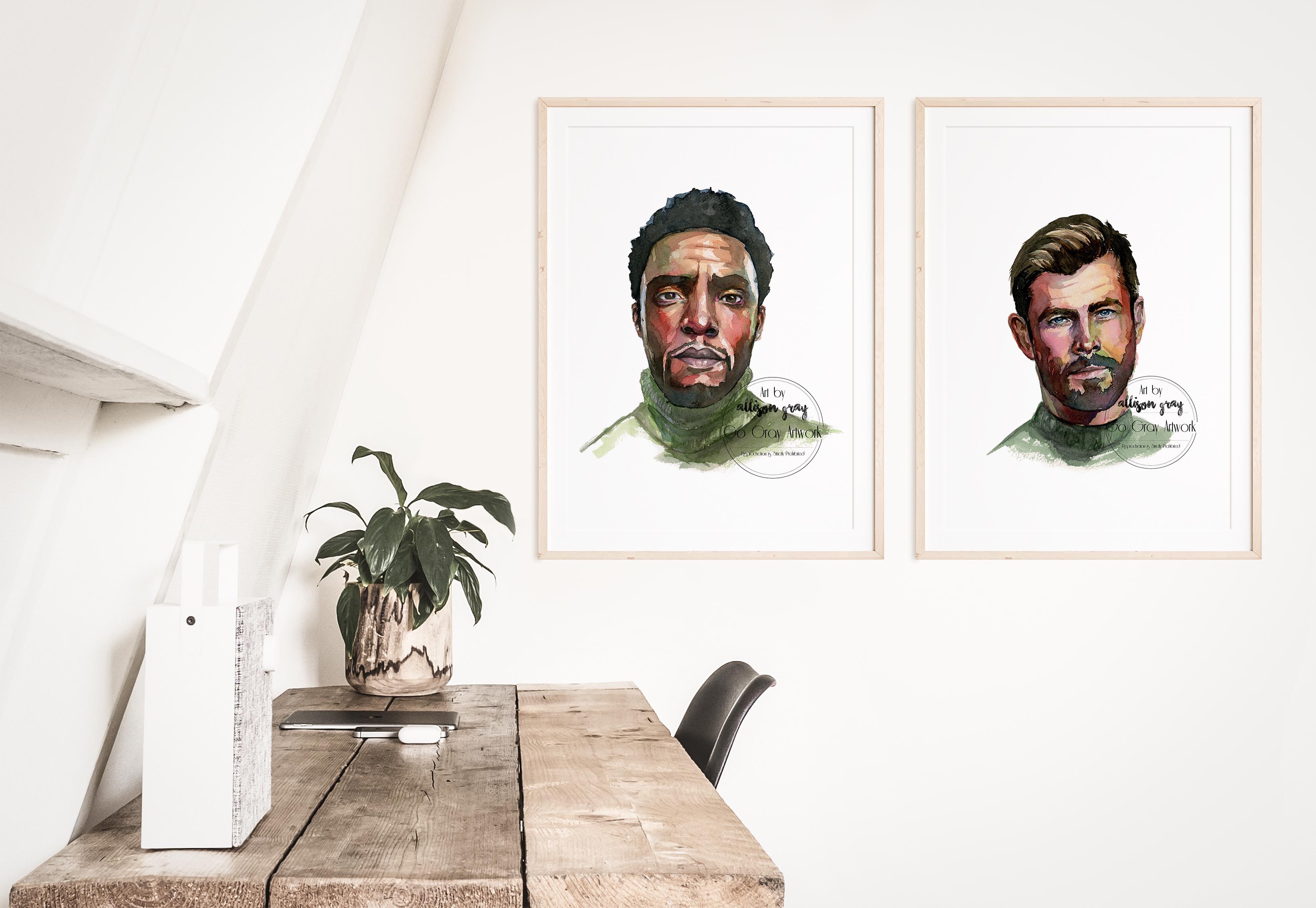 Original watercolor paintings of actors Chadwick Boseman & Chris Hemsworth