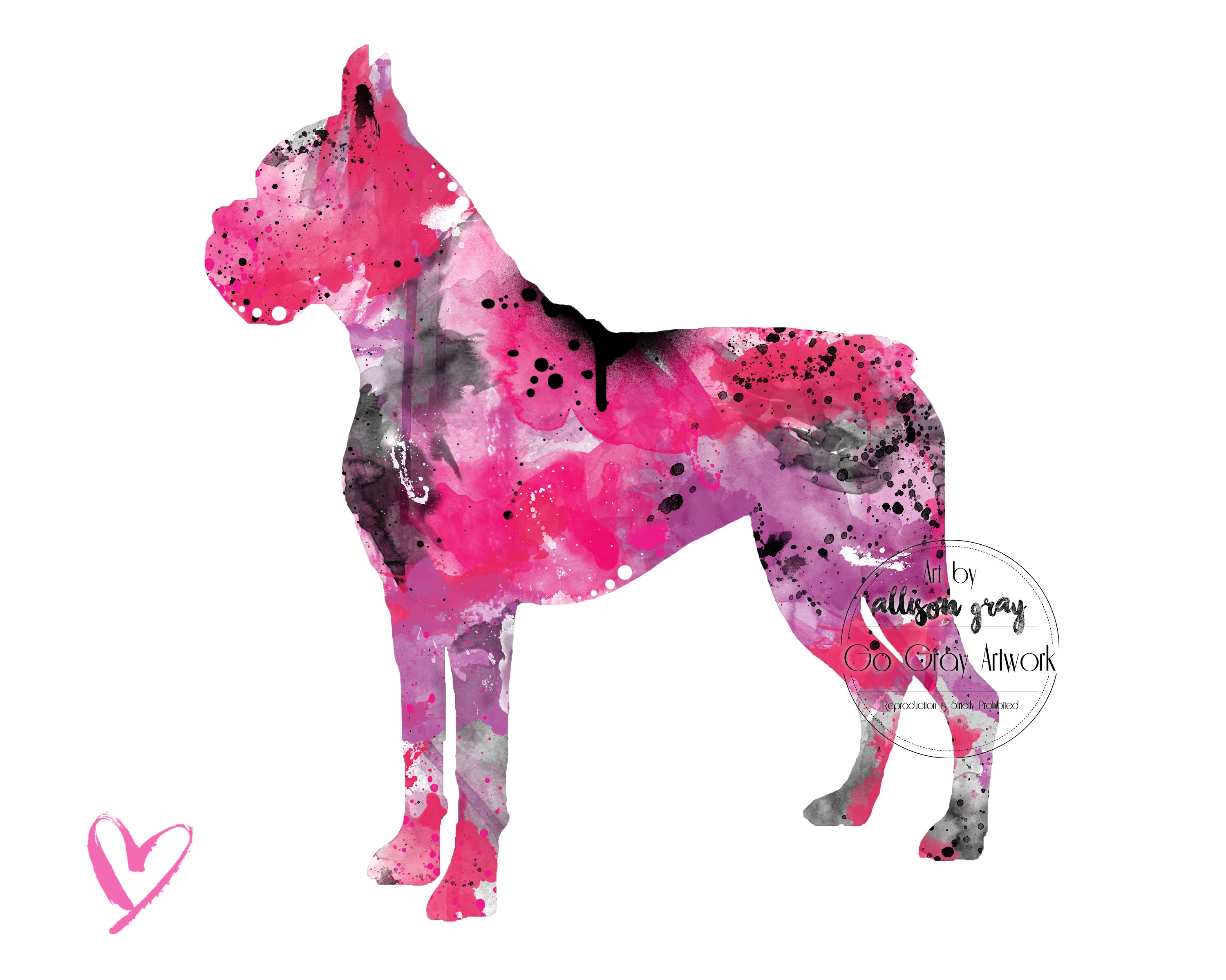 Colorful boxer dog illustration with a pink and black art print