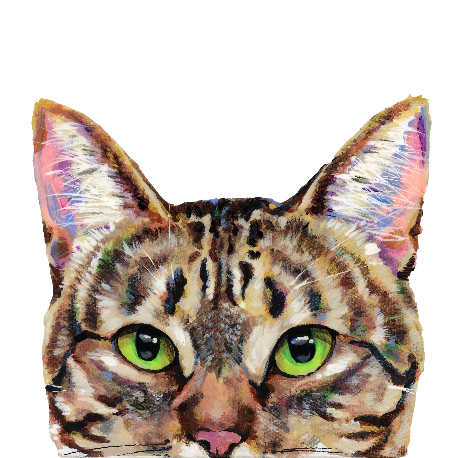 Acrylic painting of peeking brown tabby cat