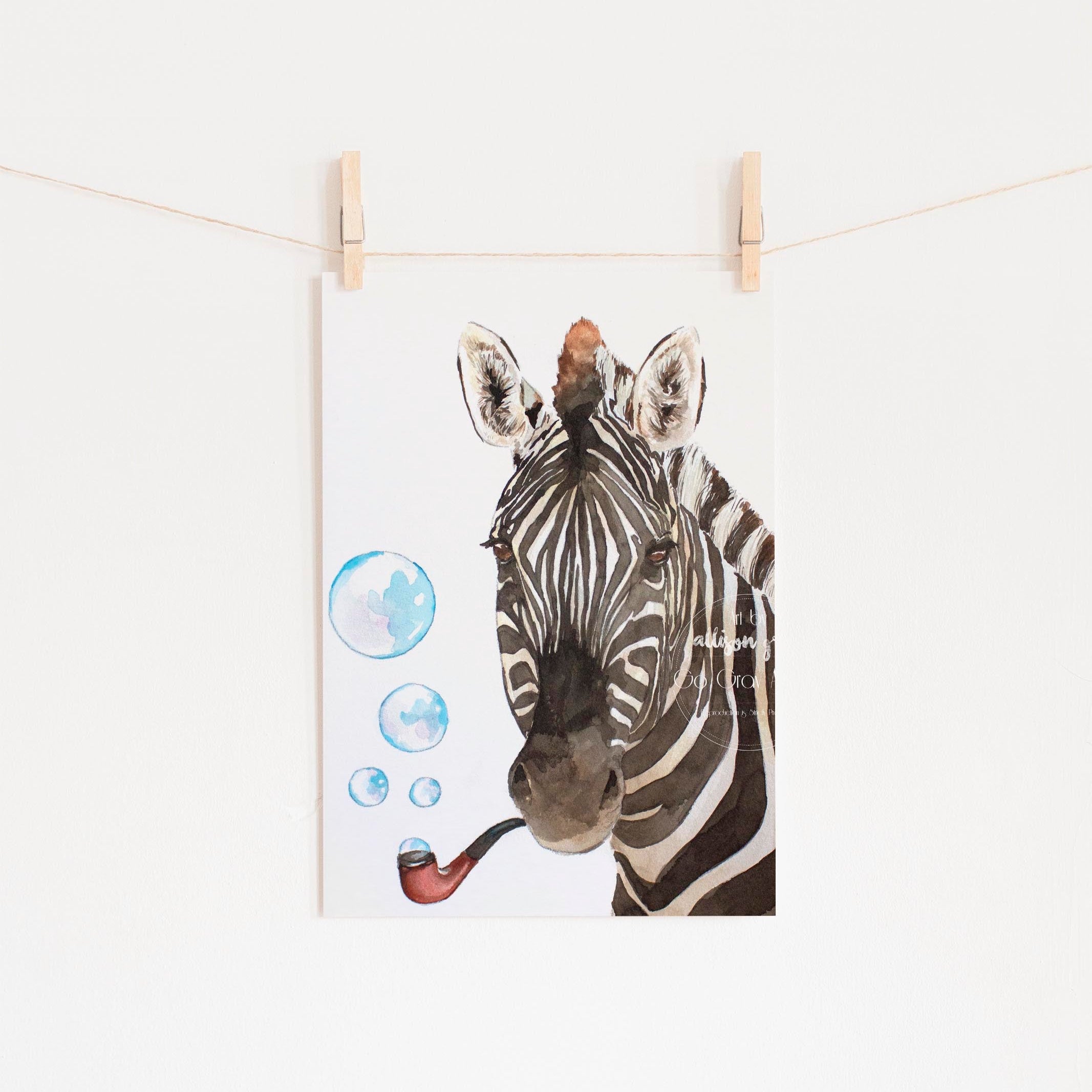 Watercolor painting of a zebra with a bubble pipe