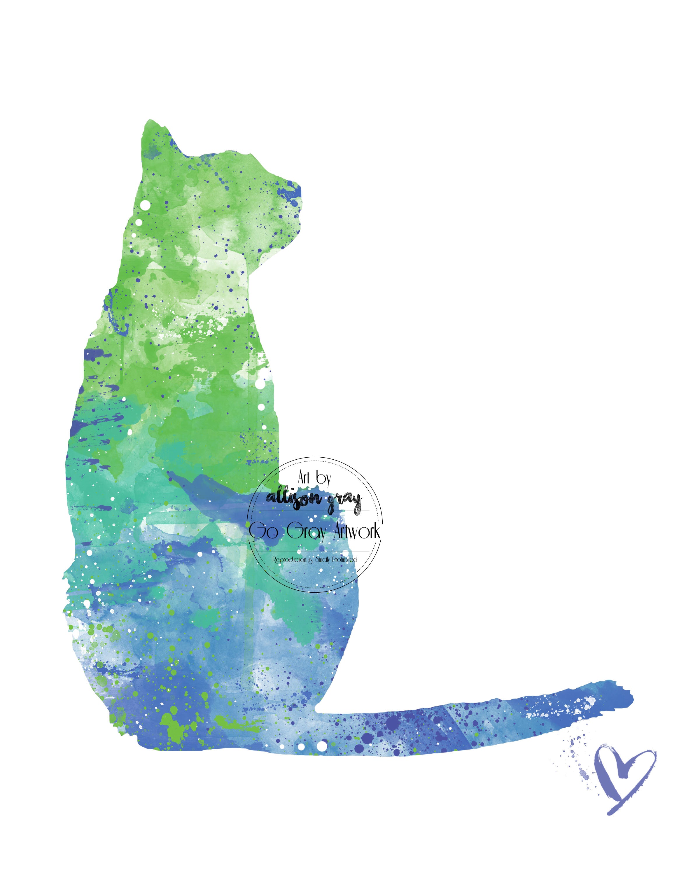 Colorful sitting cat silhouette art print with watercolor effect