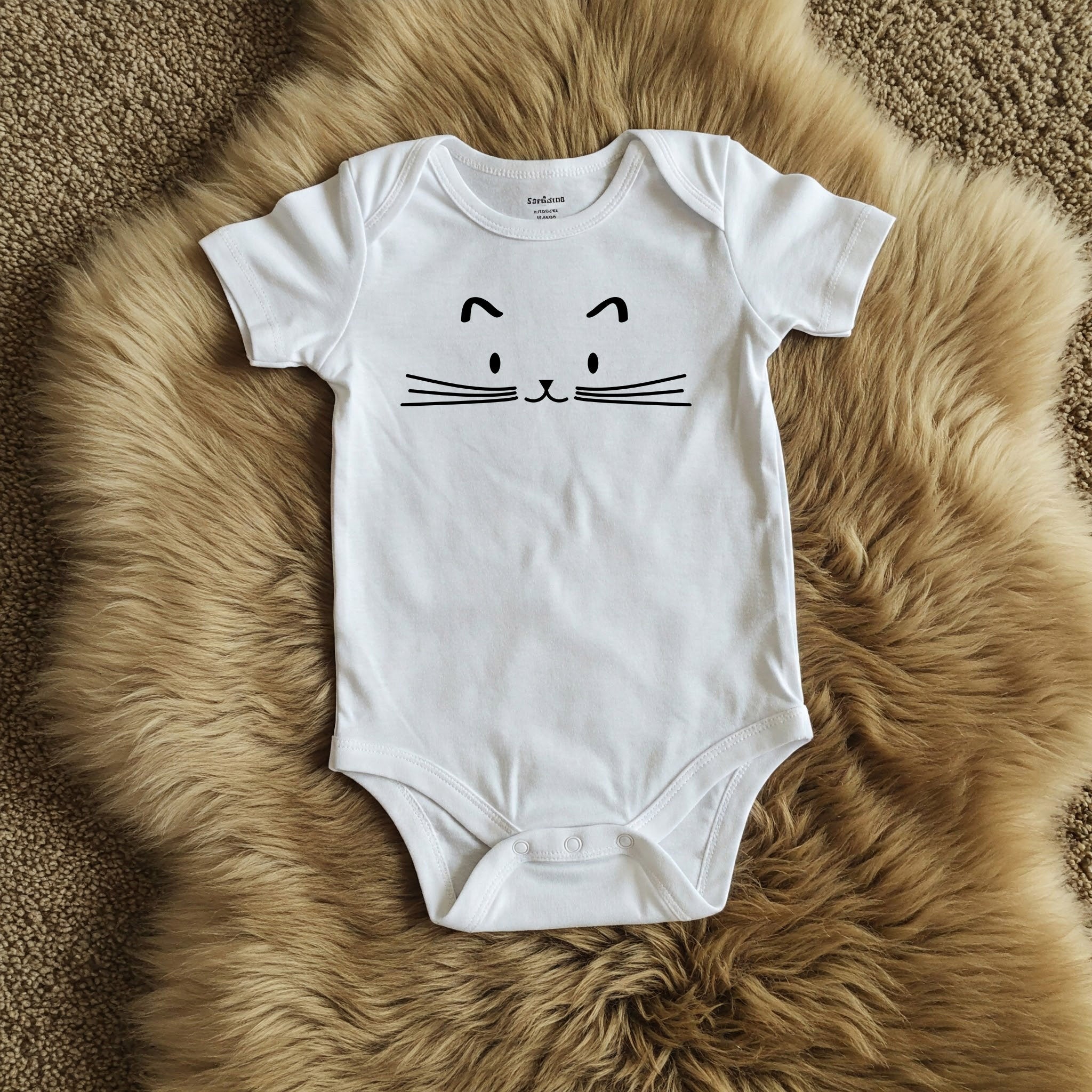 White baby onesie with a cat face design