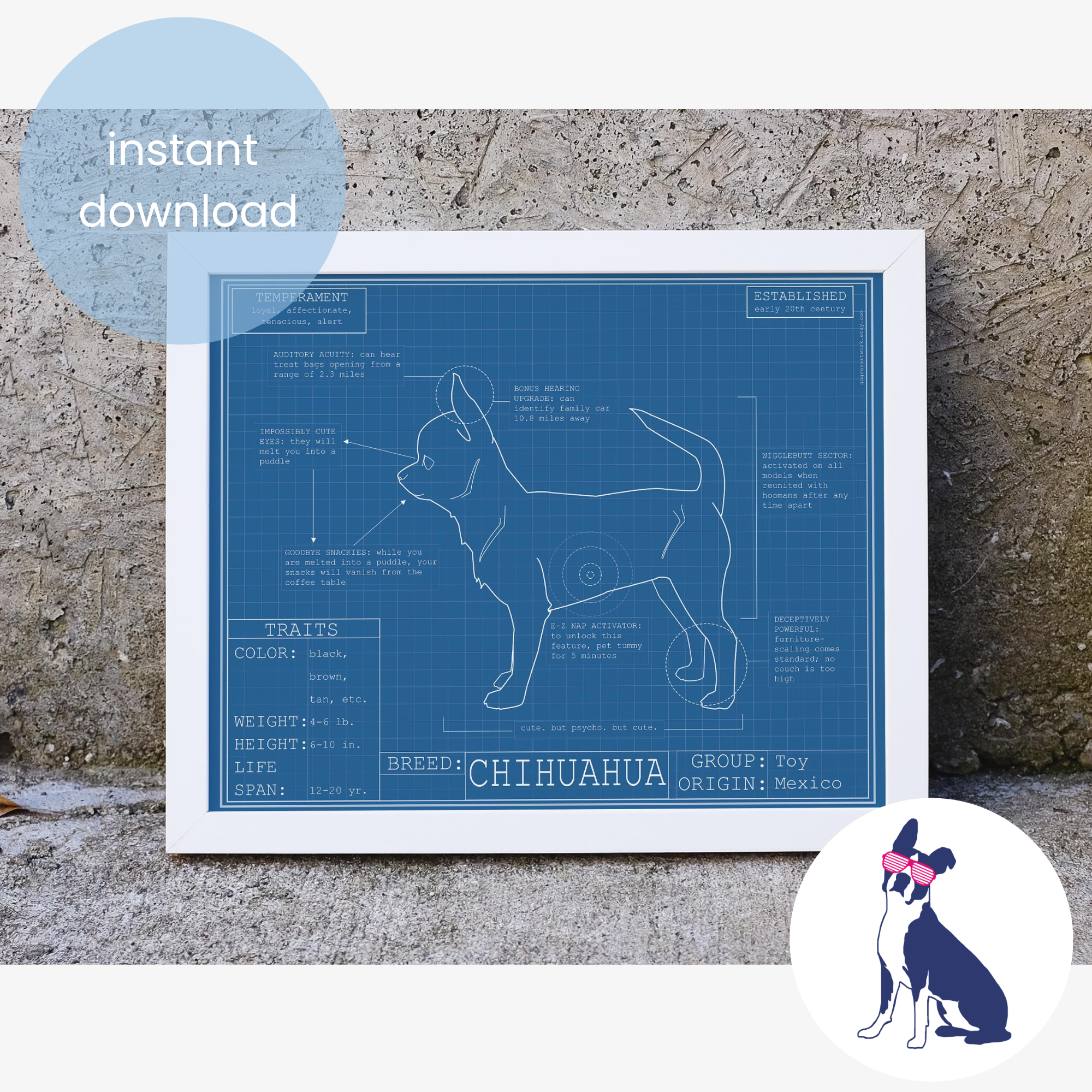 Downloadable Chihuahua dog breed blueprint artwork