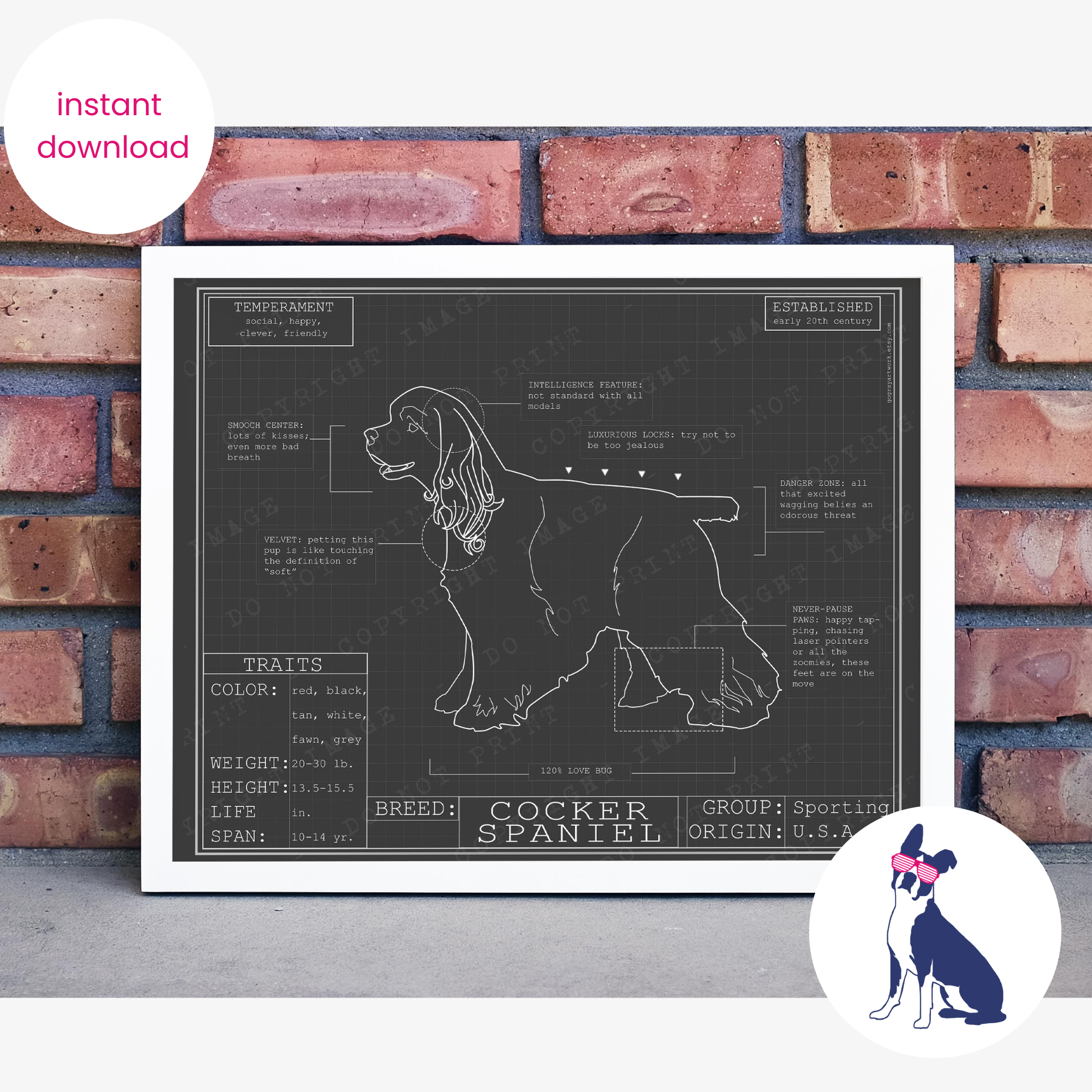 Downloadable cocker spaniel dog breed blueprint artwork
