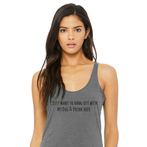 Woman wearing a gray tank top with text on a white background