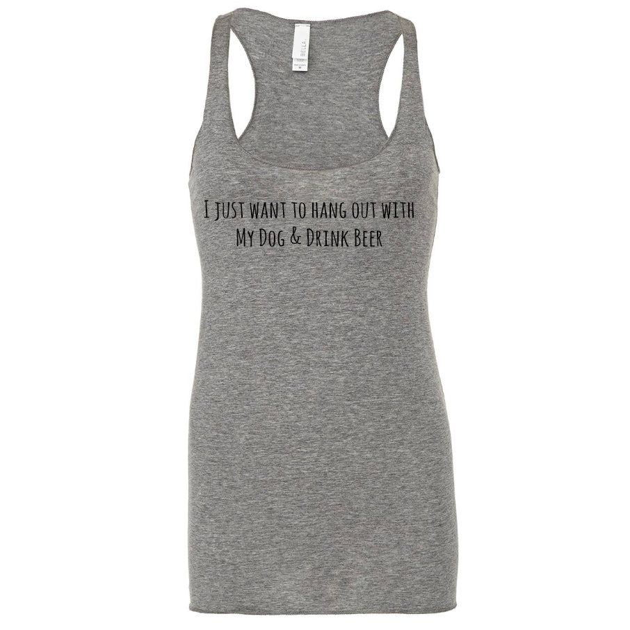 Gray women's racerback tank top drink beer and hang out with dog