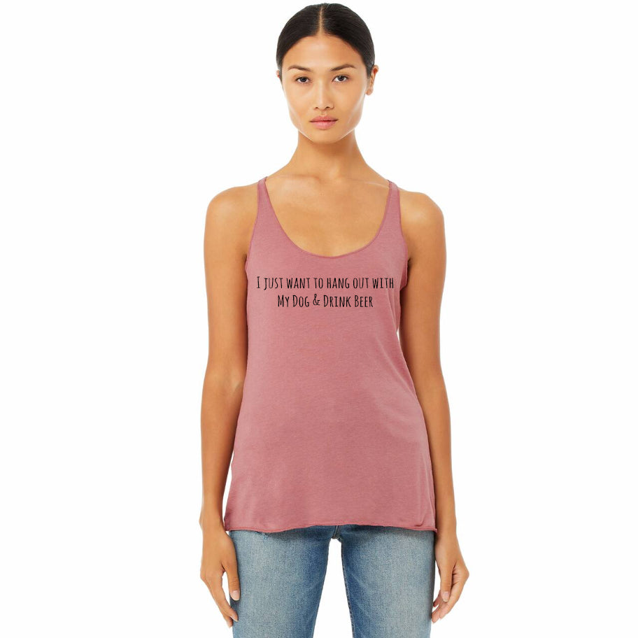Pink women's racerback tank top drink beer and hang out with dog