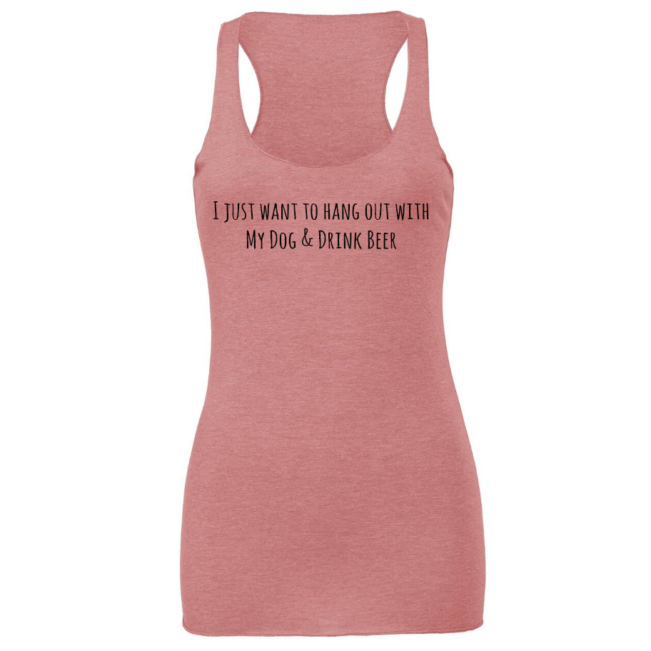 Pink women's racerback tank top drink beer and hang out with dog
