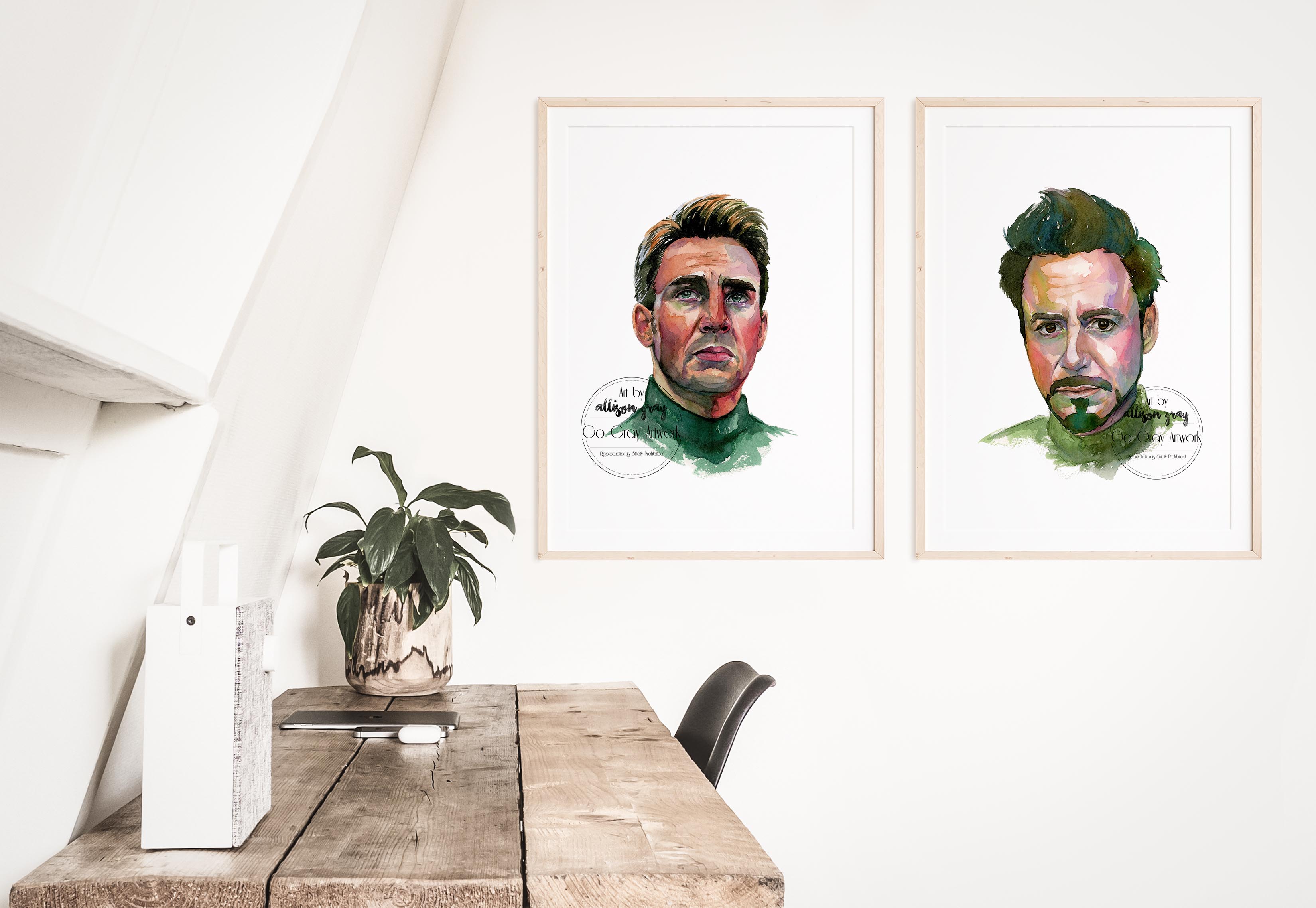 Original watercolor paintings of actors Robert Downey, Jr. & Chris Evans