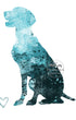 Blue and black watercolor silhouette of a German Shorthaired Pointer