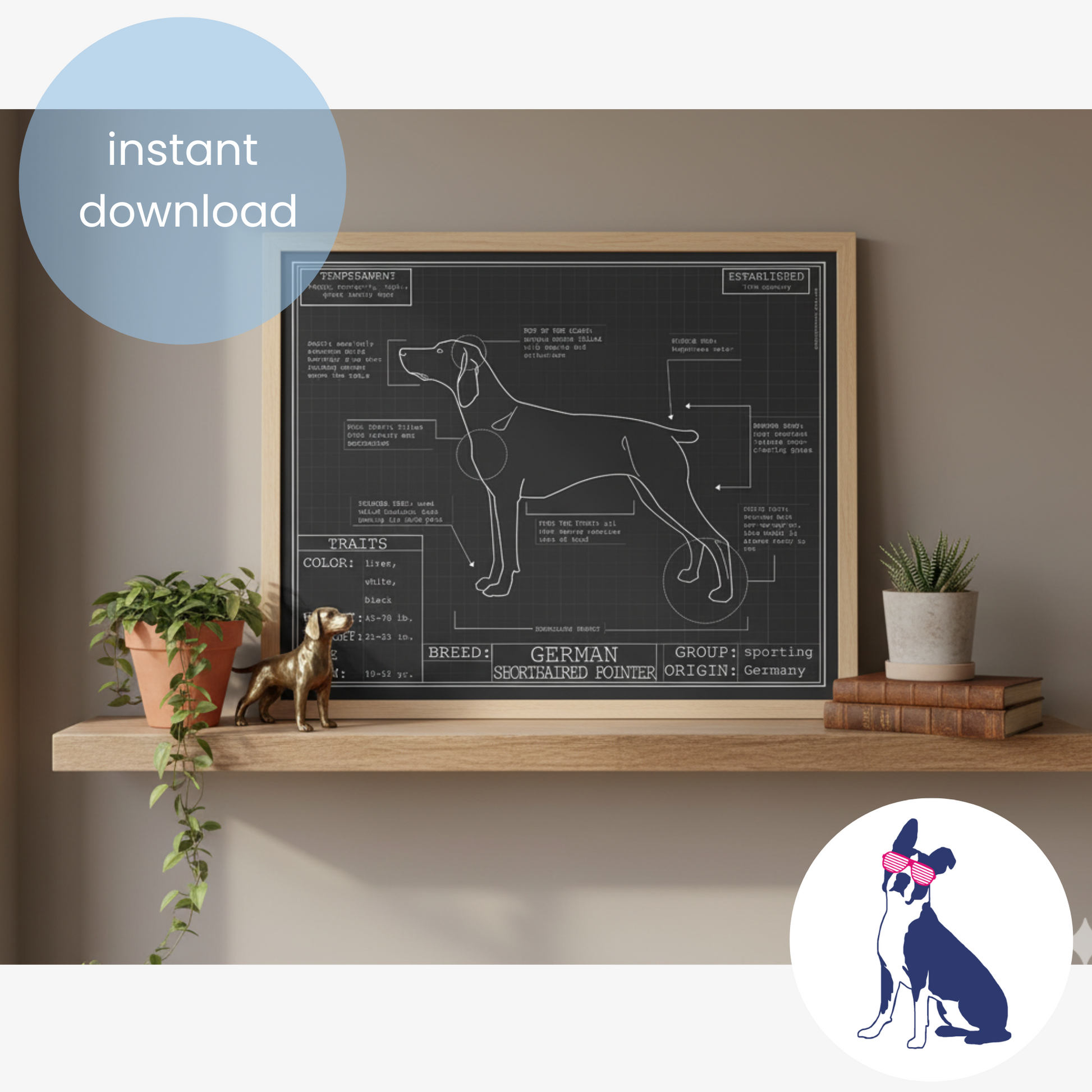Downloadable German Shorthaired Pointer dog breed blueprint artwork